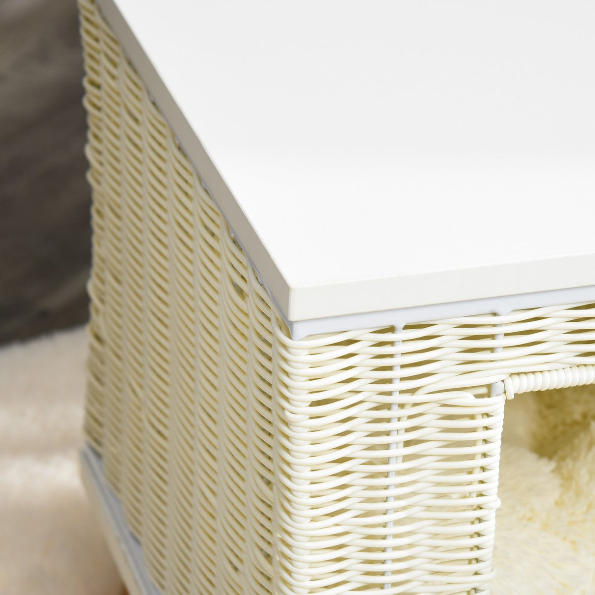 Rattan Cat Cave Natural Cat Sleeping Place With Cushion, Rattan Cat Basket, Beige+White+Natural