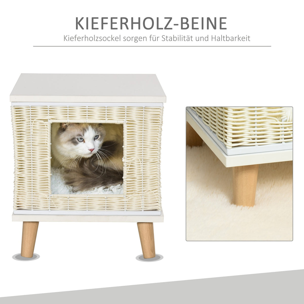Rattan Cat Cave Natural Cat Sleeping Place With Cushion, Rattan Cat Basket, Beige+White+Natural