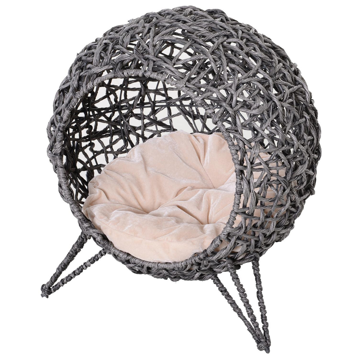 Rattan Cat House Elegant Cat Cave With Cushions, Raised Feet, Silver Grey, Ø52X58Cm