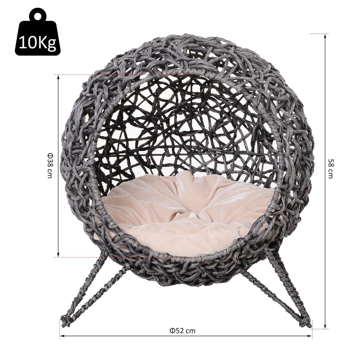 Rattan Cat House Elegant Cat Cave With Cushions, Raised Feet, Silver Grey, Ø52X58Cm