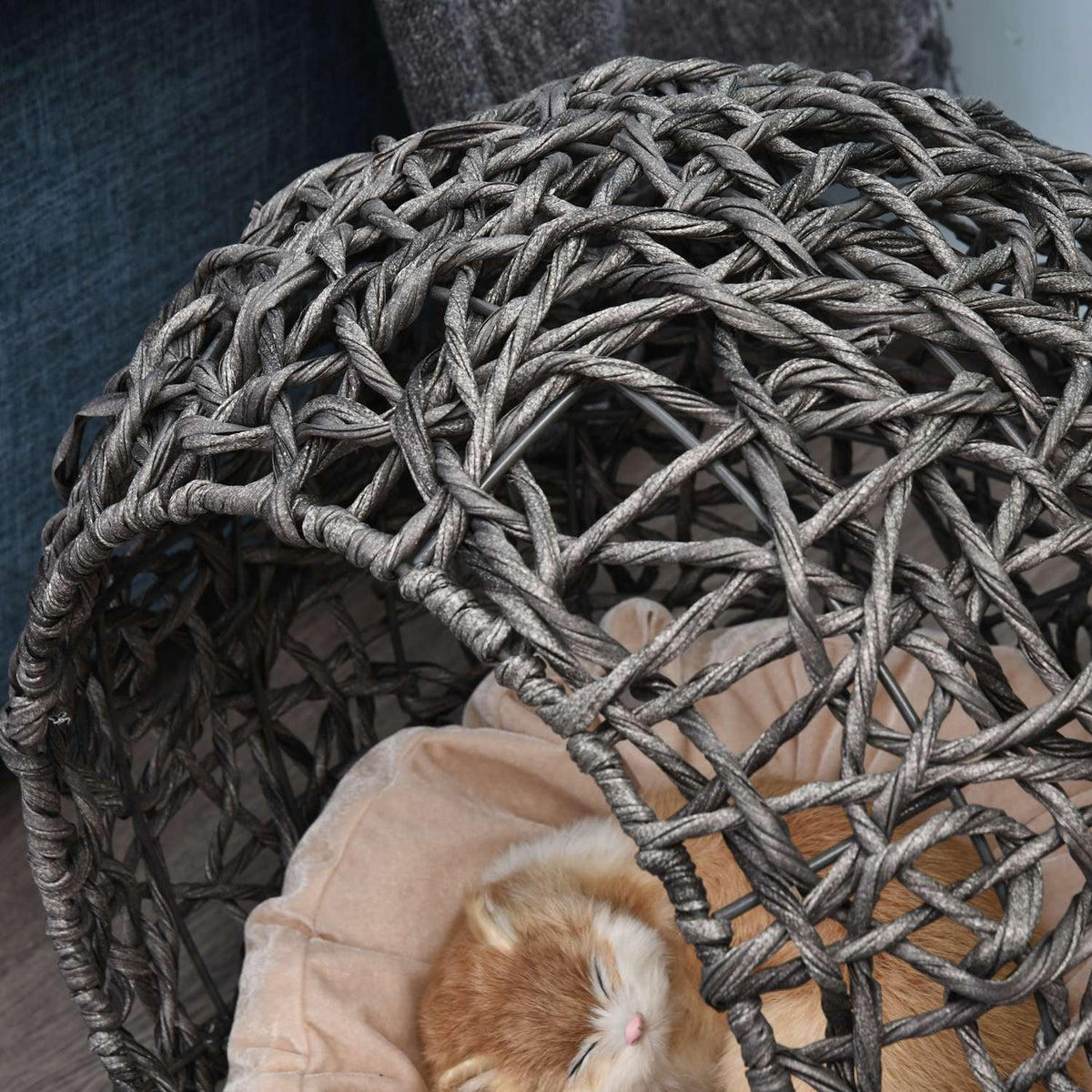 Rattan Cat House Elegant Cat Cave With Cushions, Raised Feet, Silver Grey, Ø52X58Cm