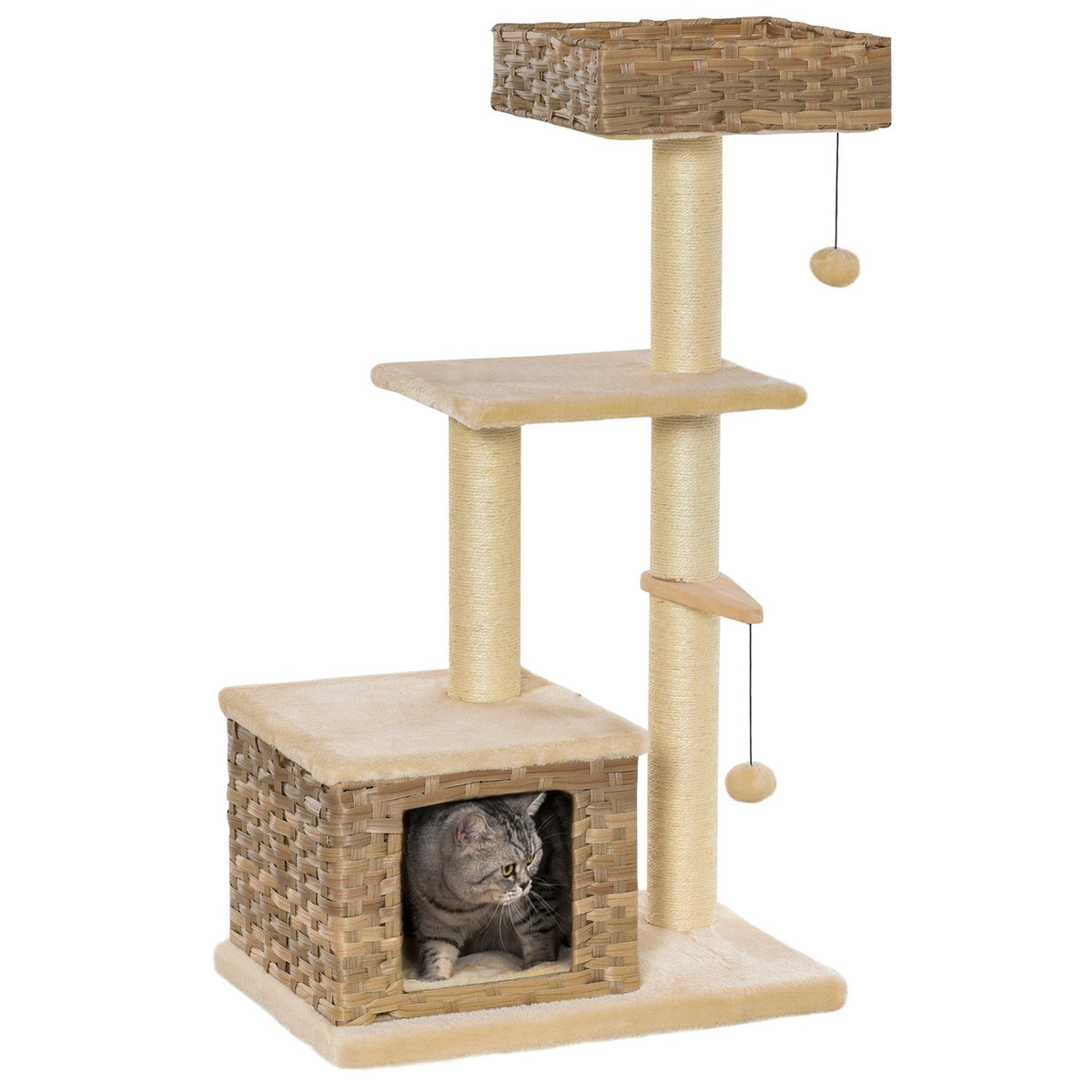 Rattan Cat Tree Scratching Post With Cat Cave, Ball Toy, Sisal & Soft Plush, 108Cm, Brown+Beige
