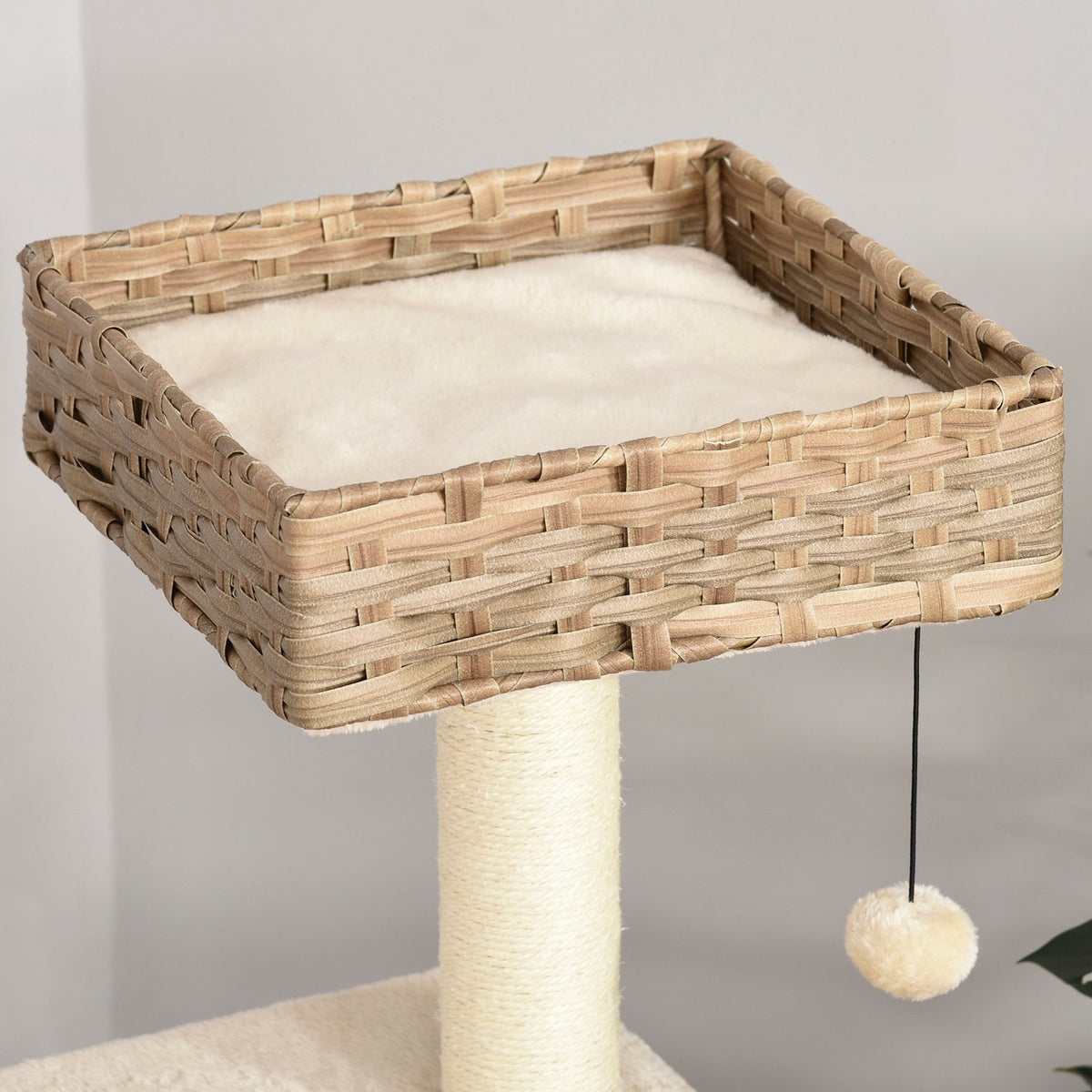 Rattan Cat Tree Scratching Post With Cat Cave, Ball Toy, Sisal & Soft Plush, 108Cm, Brown+Beige