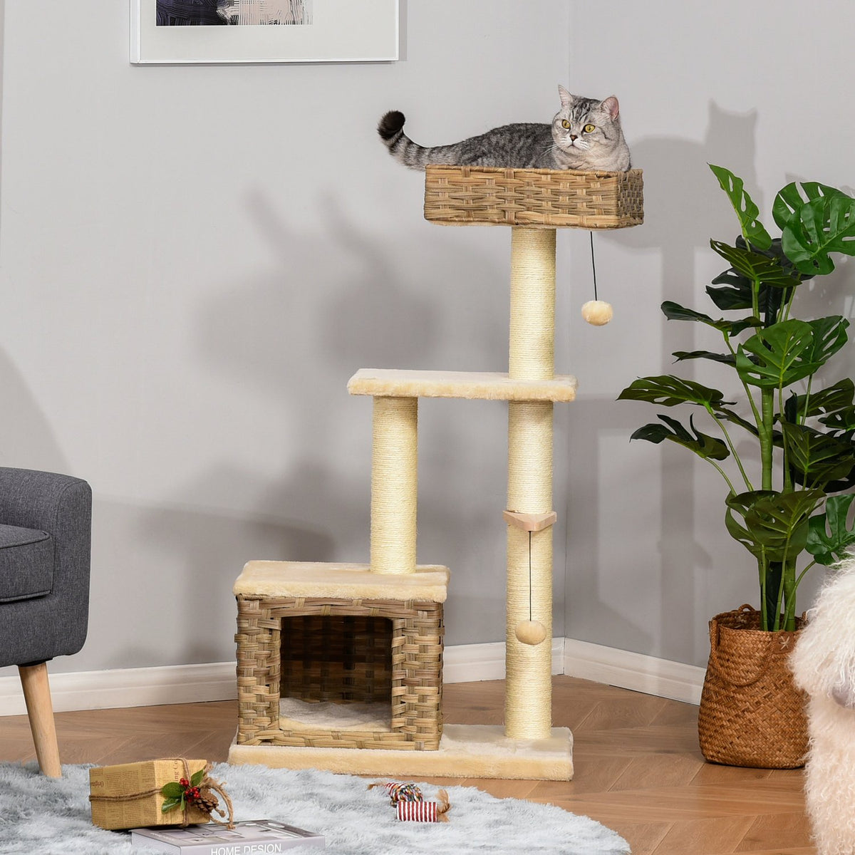 Rattan Cat Tree Scratching Post With Cat Cave, Ball Toy, Sisal & Soft Plush, 108Cm, Brown+Beige