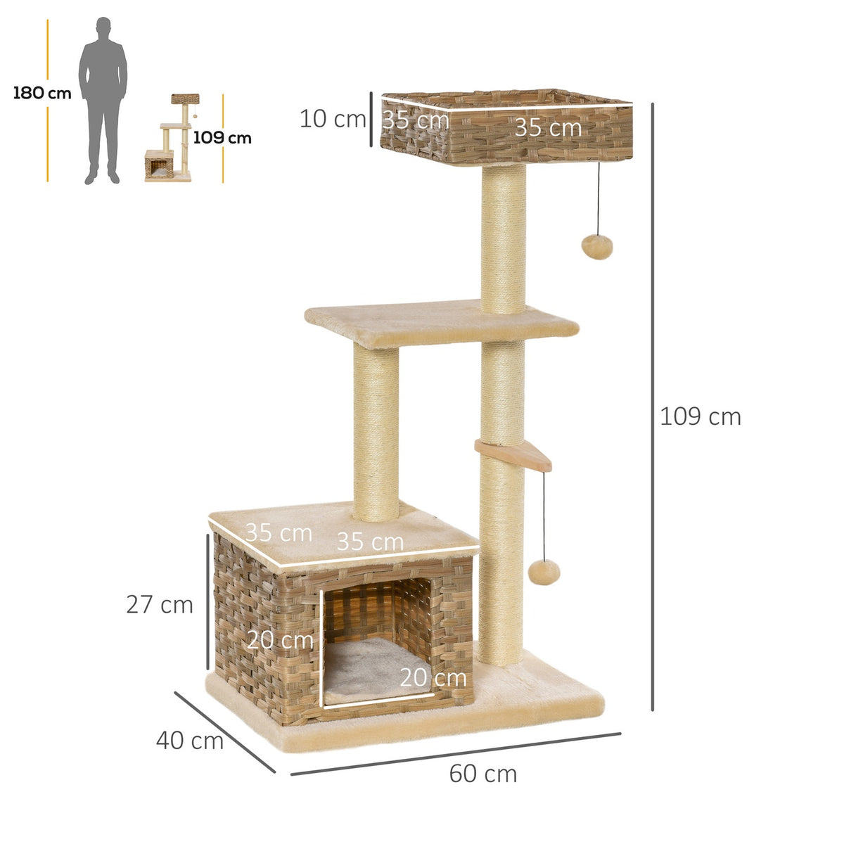 Rattan Cat Tree Scratching Post With Cat Cave, Ball Toy, Sisal & Soft Plush, 108Cm, Brown+Beige