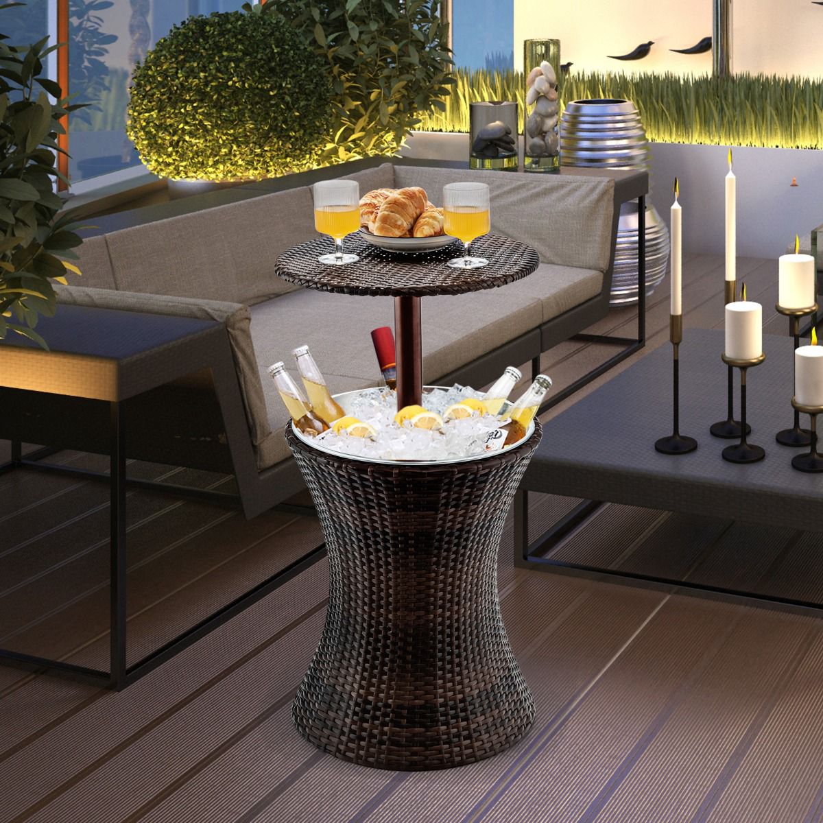 Rattan Cooler Side Table with Ice Bucket, 17L, Adjustable