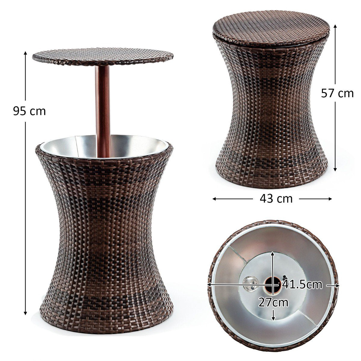 Rattan Cooler Side Table with Ice Bucket, 17L, Adjustable