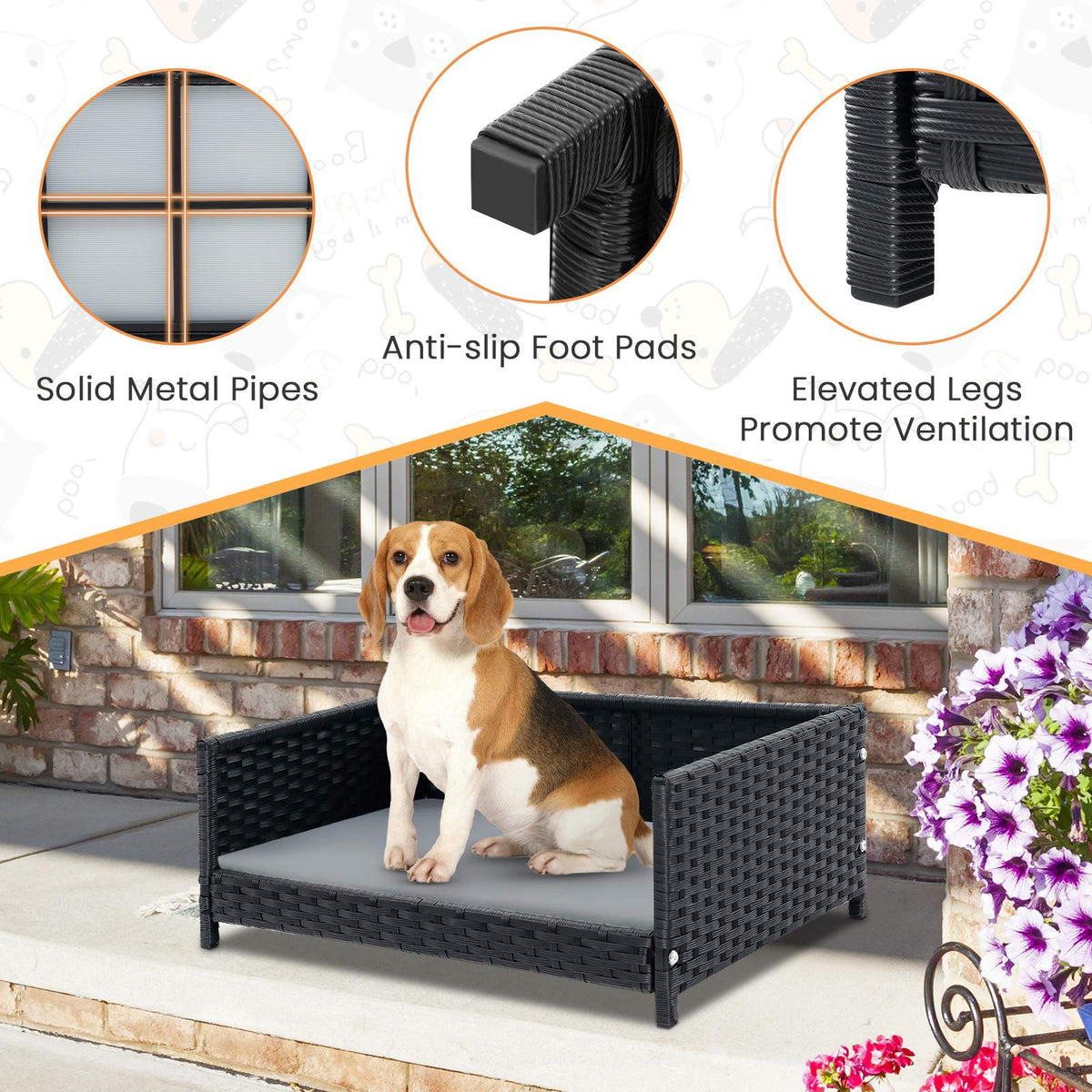 Rattan Dog Bed, Waterproof Removable Cushion, 62x46cm