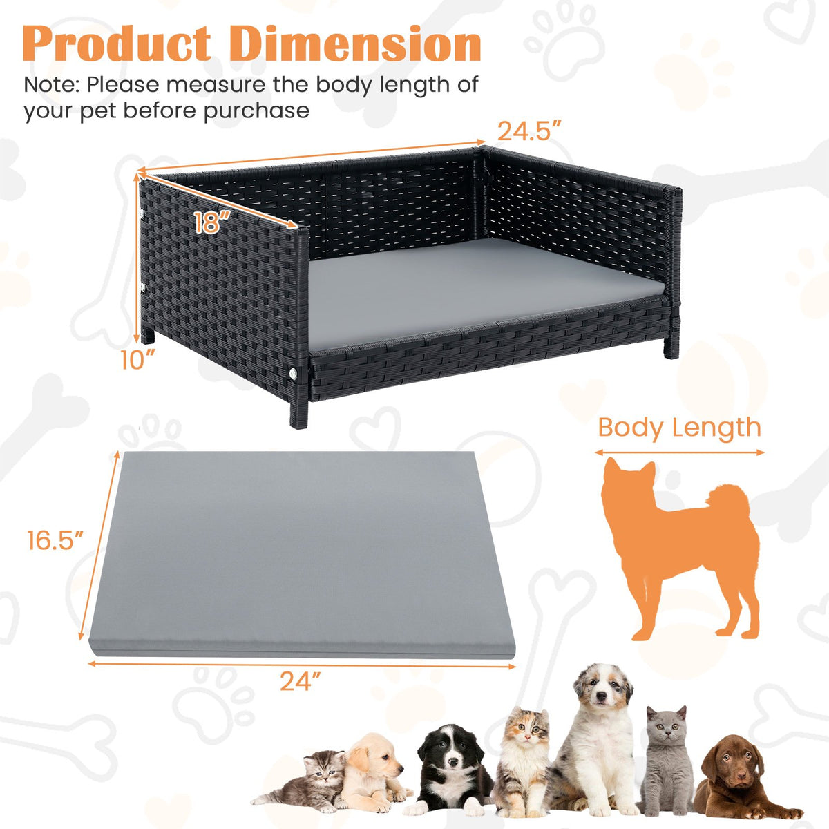 Rattan Dog Bed, Waterproof Removable Cushion, 62x46cm