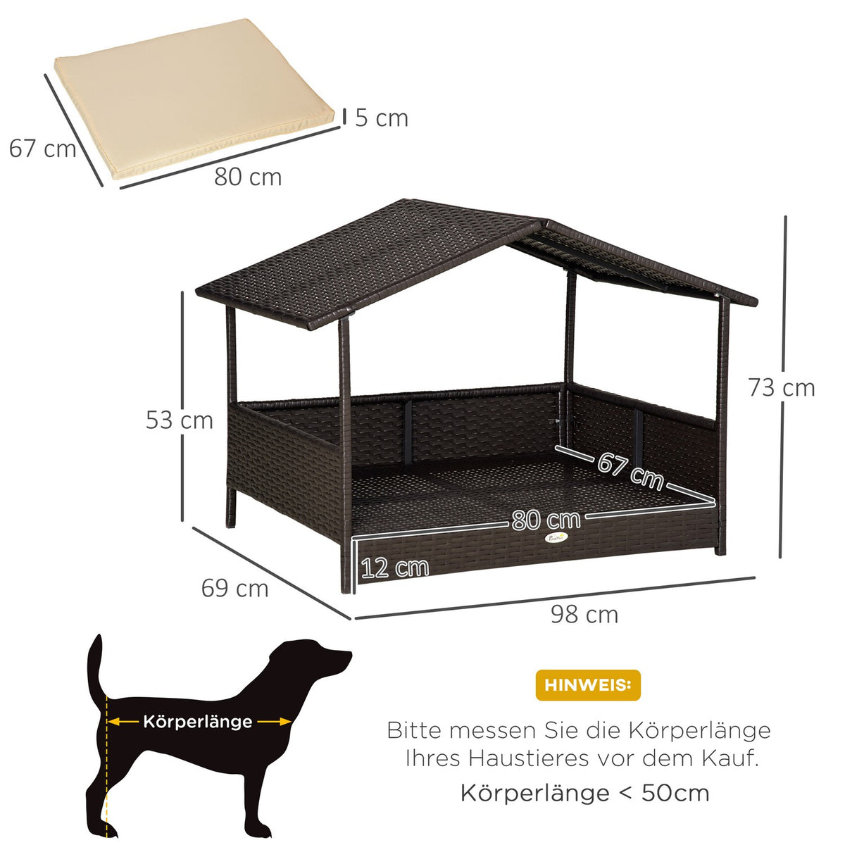 Rattan Dog House With Cushion, House-Shaped Dog Bed, Outdoor Dog House, Steel Frame, Pp, Coffee Brown, 98 X 69 X 73 Cm
