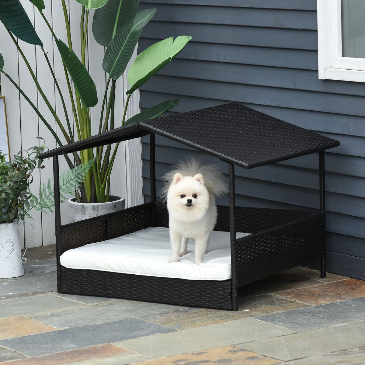 Rattan Dog House With Cushion, House-Shaped Dog Bed, Outdoor Dog House, Steel Frame, Pp, Coffee Brown, 98 X 69 X 73 Cm