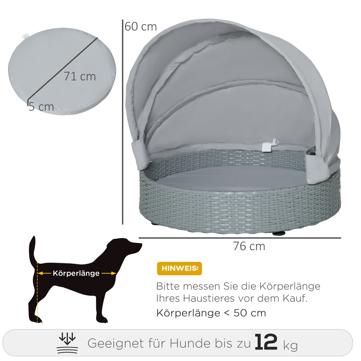 Rattan Dog House With Cushion, Pet Bed, Outdoor, Gray, 76X76X60Cm