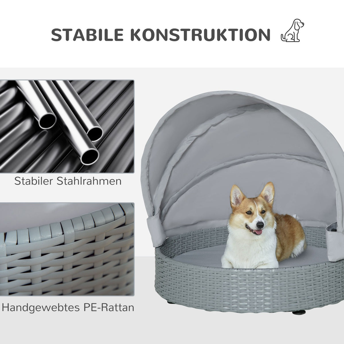 Rattan Dog House With Cushion, Pet Bed, Outdoor, Gray, 76X76X60Cm