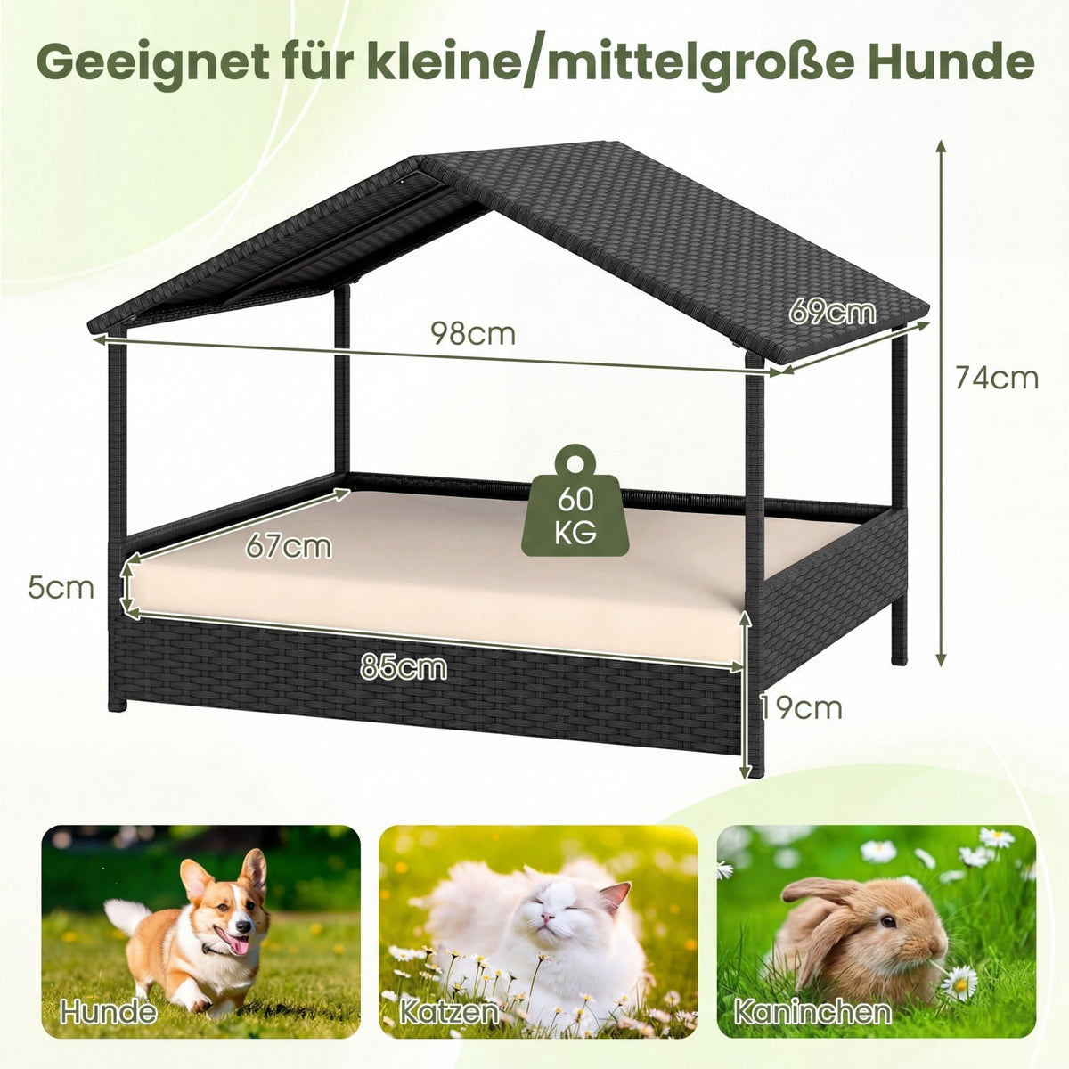 Rattan Dog House with Canopy, Elevated, for Pets Up to 60 kg