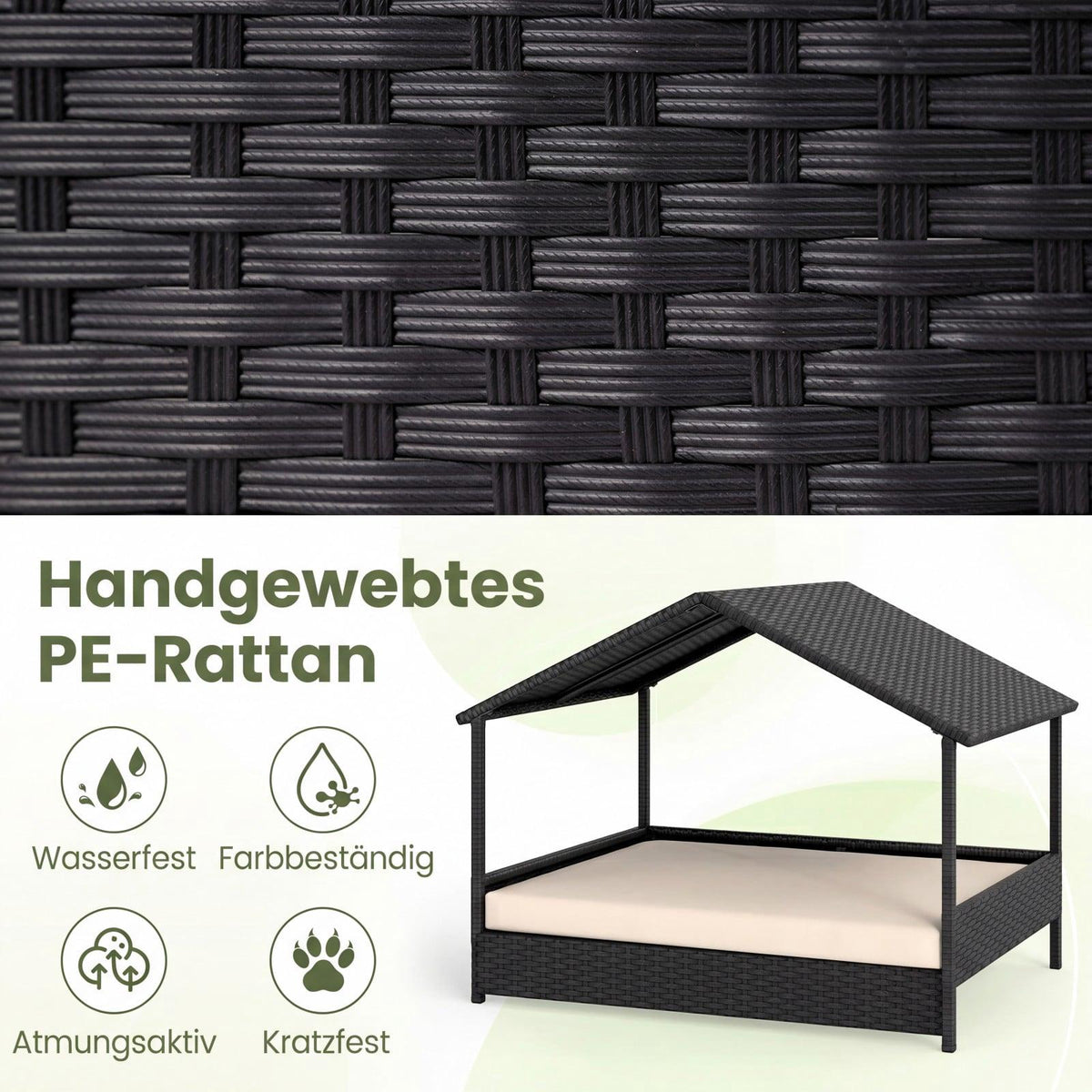Rattan Dog House with Canopy, Elevated, for Pets Up to 60 kg