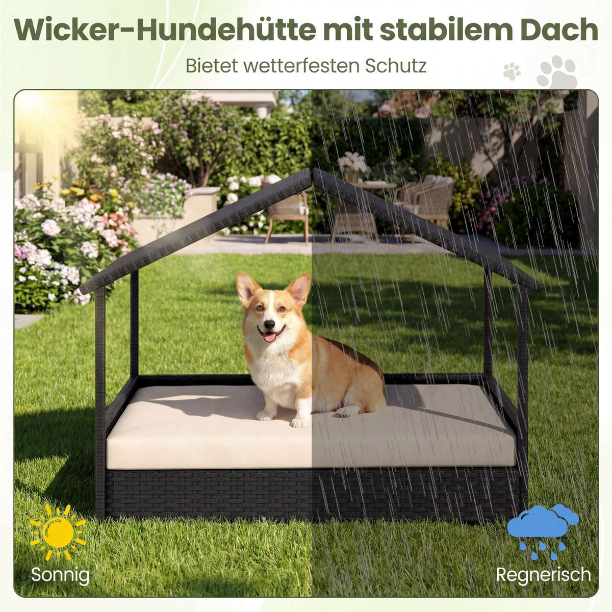 Rattan Dog House with Canopy, Elevated, for Pets Up to 60 kg