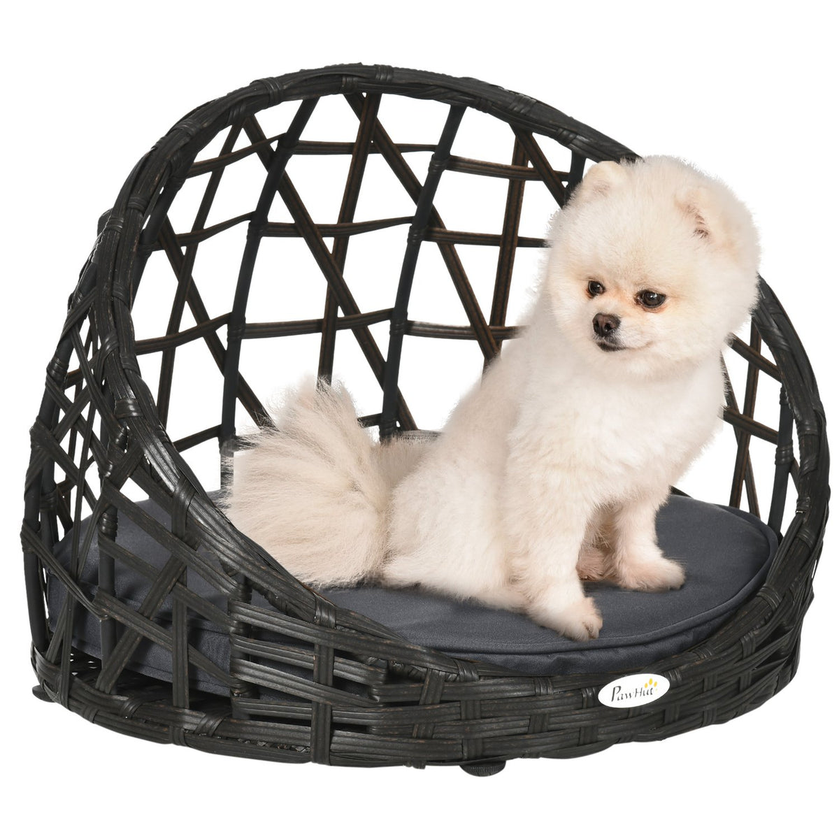 Rattan Dog Kennel Elegant Dog Cave With Cushion For Indoor And Outdoor Use, Round, Black + Gray, 51X51X41Cm