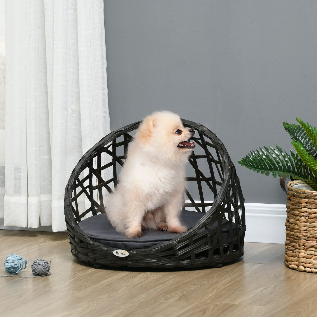 Rattan Dog Kennel Elegant Dog Cave With Cushion For Indoor And Outdoor Use, Round, Black + Gray, 51X51X41Cm