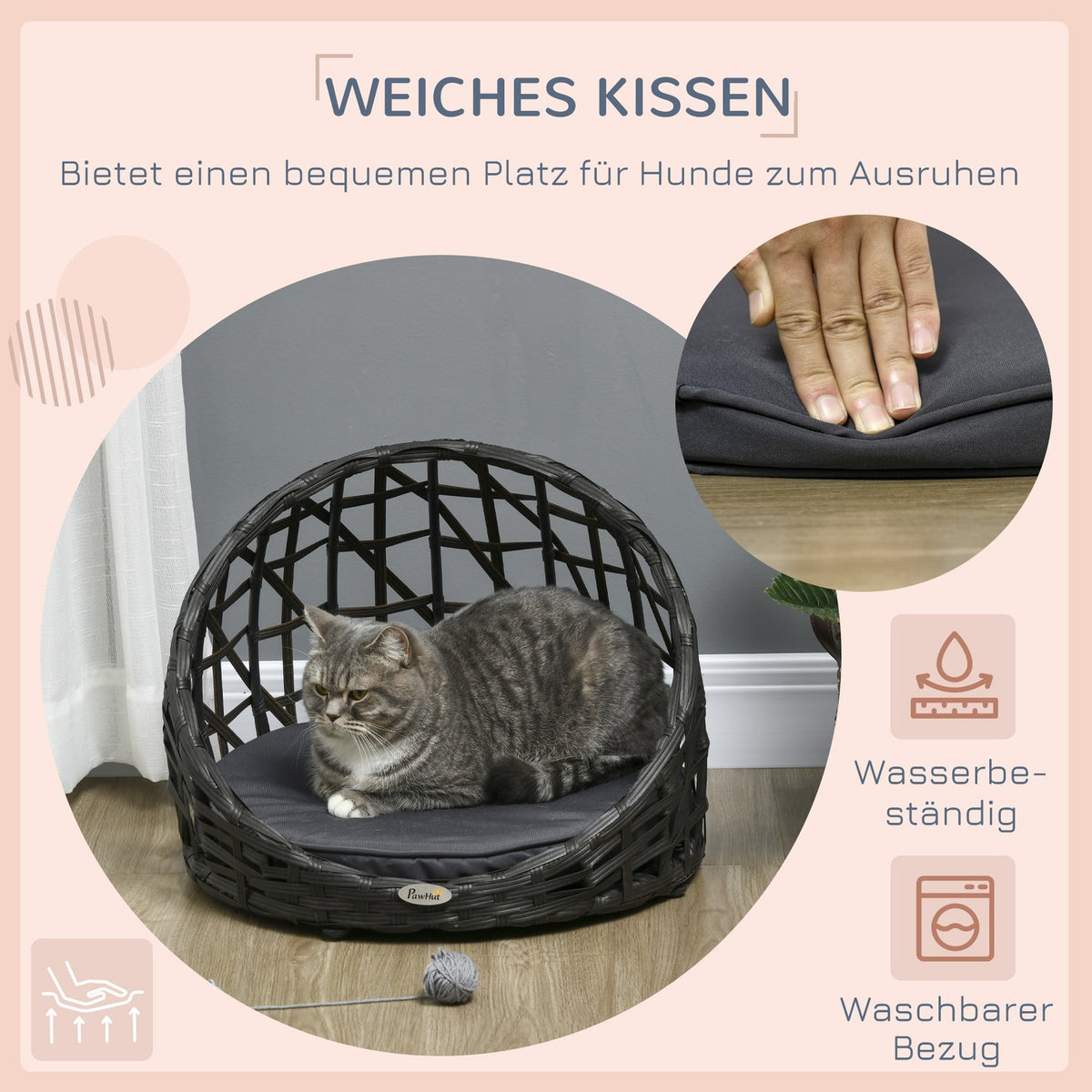 Rattan Dog Kennel Elegant Dog Cave With Cushion For Indoor And Outdoor Use, Round, Black + Gray, 51X51X41Cm