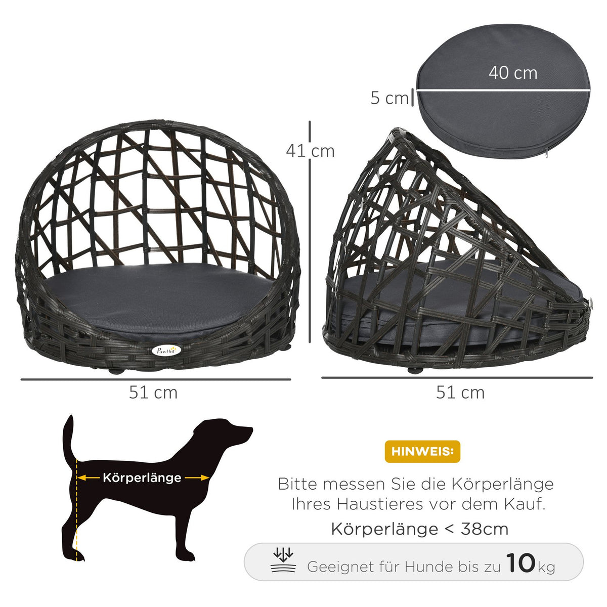 Rattan Dog Kennel Elegant Dog Cave With Cushion For Indoor And Outdoor Use, Round, Black + Gray, 51X51X41Cm