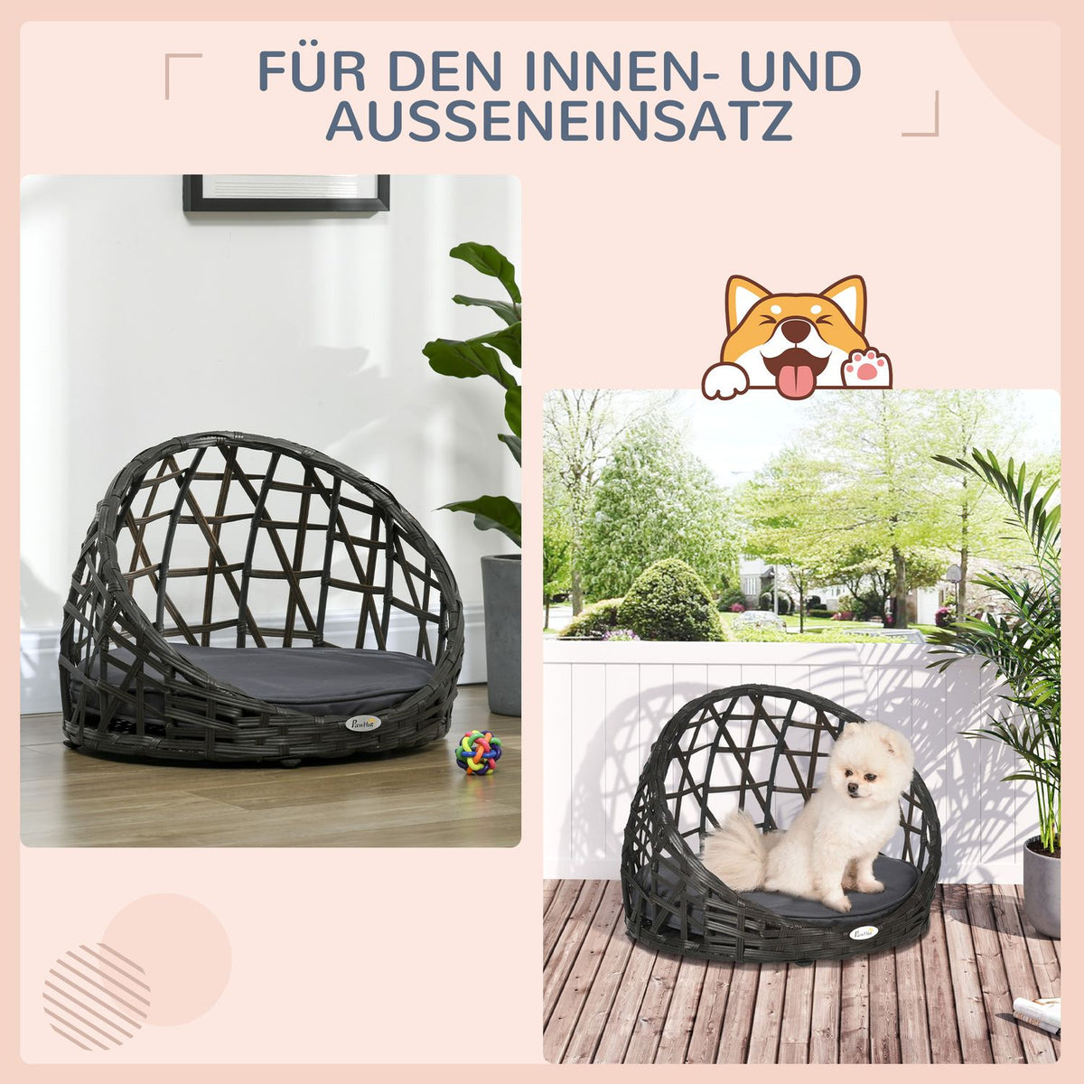 Rattan Dog Kennel Elegant Dog Cave With Cushion For Indoor And Outdoor Use, Round, Black + Gray, 51X51X41Cm