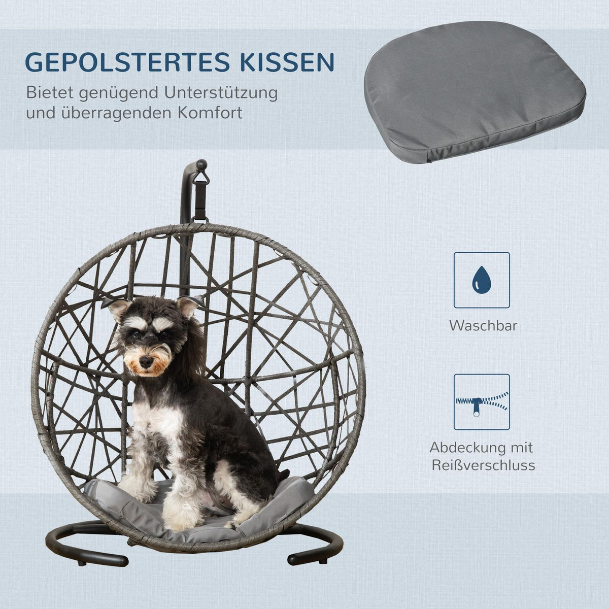 Rattan Dog Kennel With Cushion, Pet Bed, Cat House, Hanging Chair, Outdoor, Grey+Black