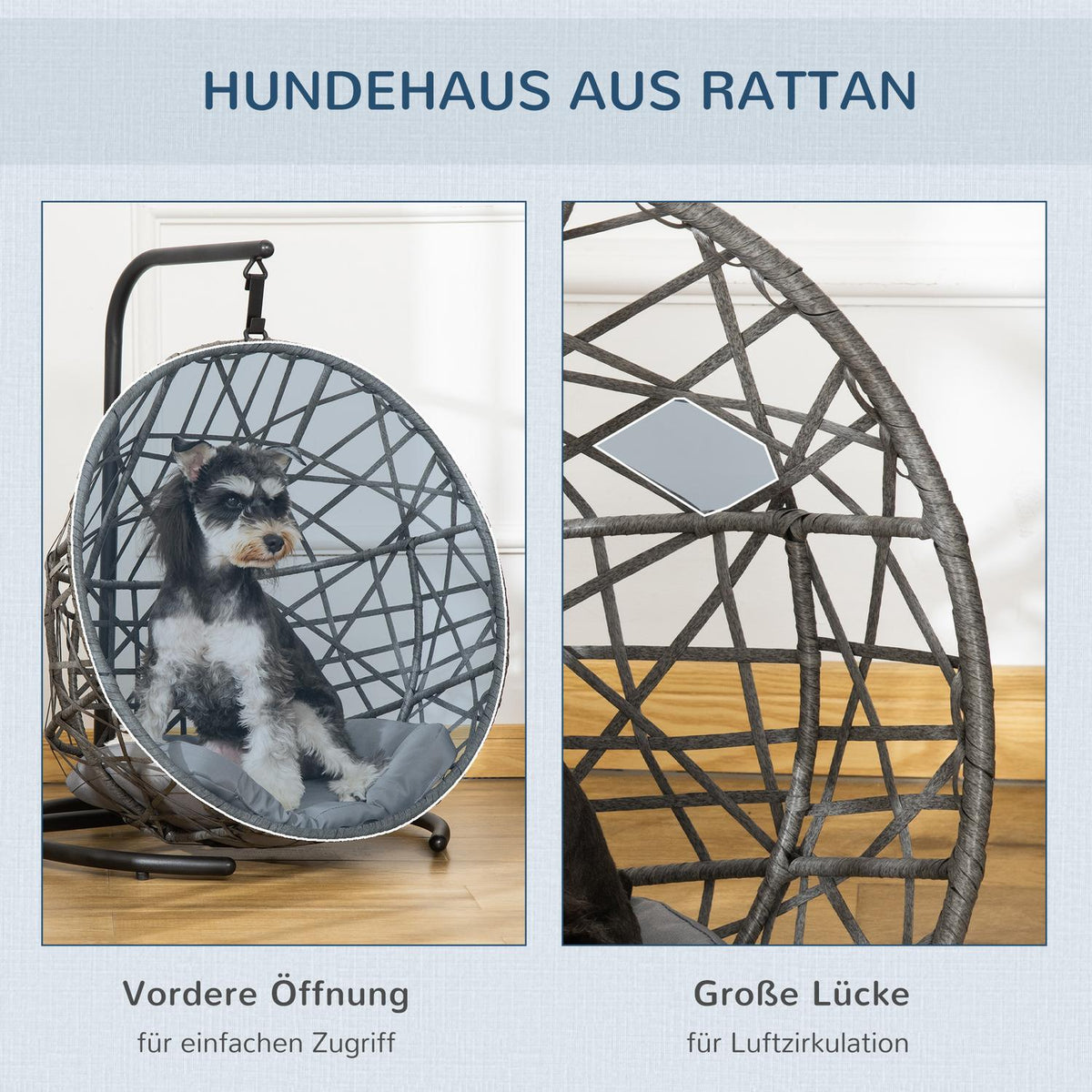 Rattan Dog Kennel With Cushion, Pet Bed, Cat House, Hanging Chair, Outdoor, Grey+Black