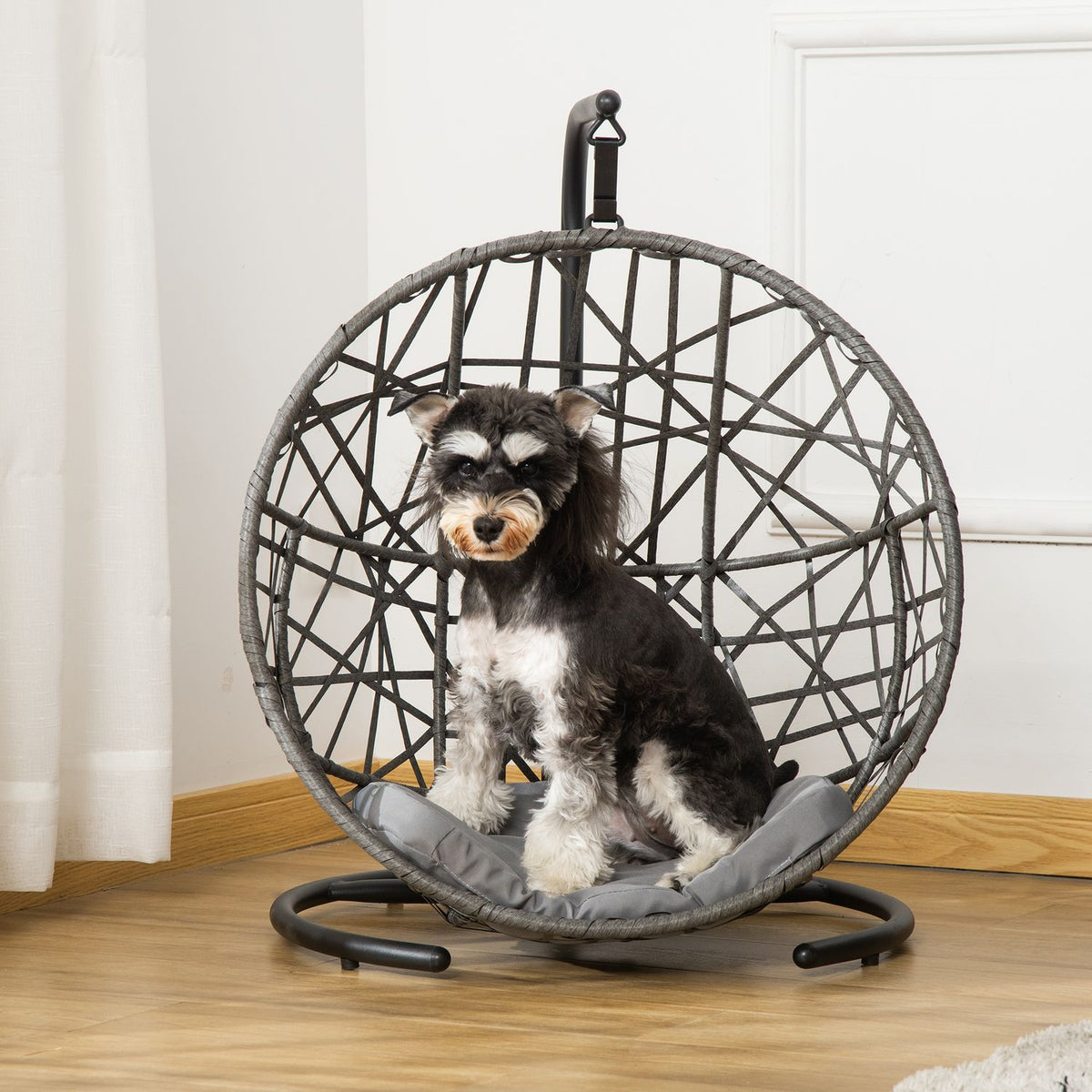 Rattan Dog Kennel With Cushion, Pet Bed, Cat House, Hanging Chair, Outdoor, Grey+Black