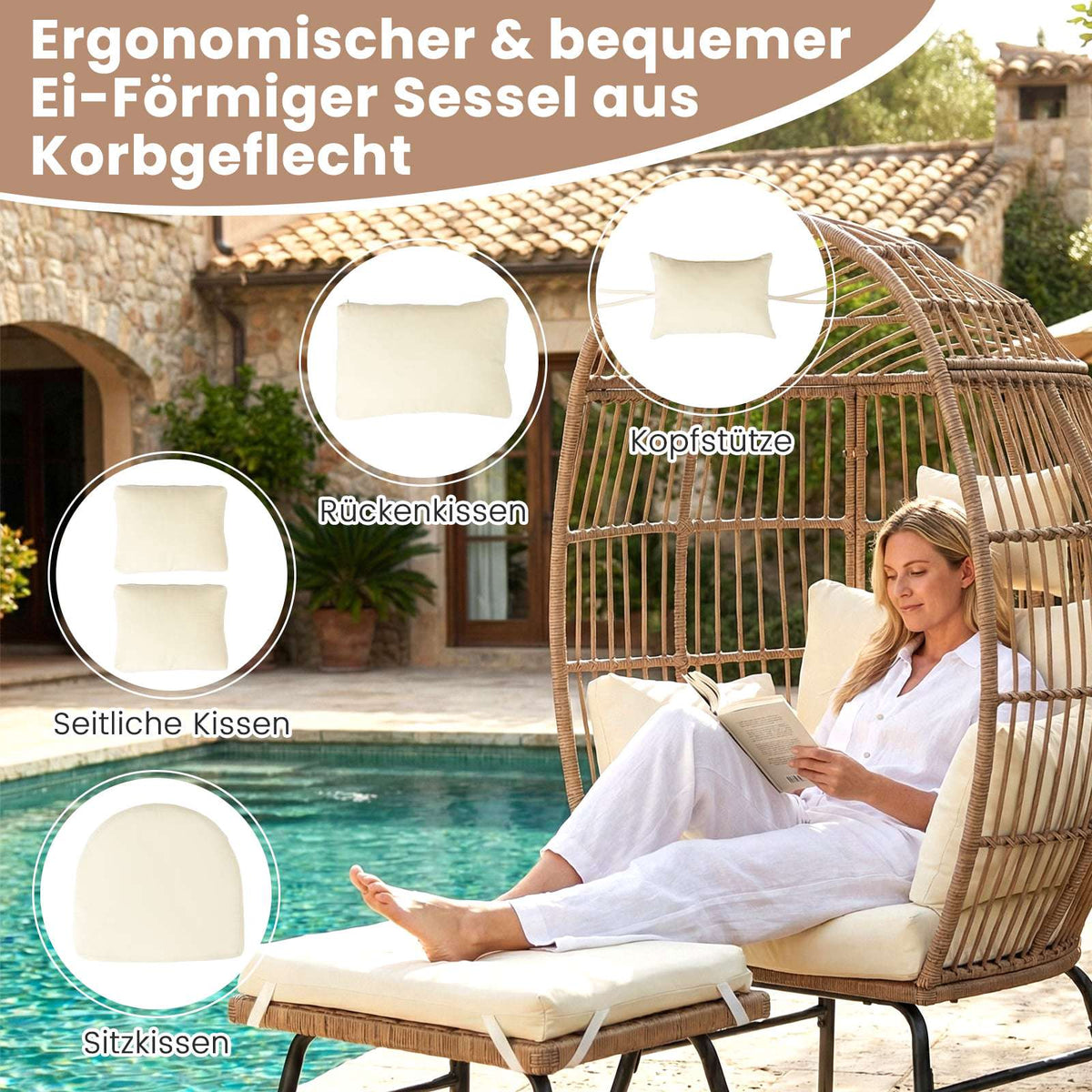 Rattan Egg Chair with Ottoman, Cushions for Indoor/Outdoor