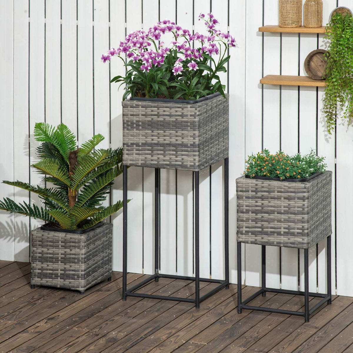 Rattan Flower Box With Stand Drainage Hole Plastic Gray