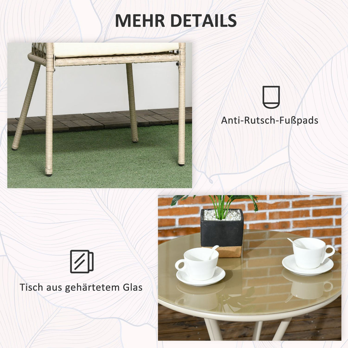 Rattan Garden Furniture Set 3 Pieces, Garden Set With Coffee Table, 2 Chairs, Balcony Furniture Set With Cushions, Garden Seating Group, Khaki
