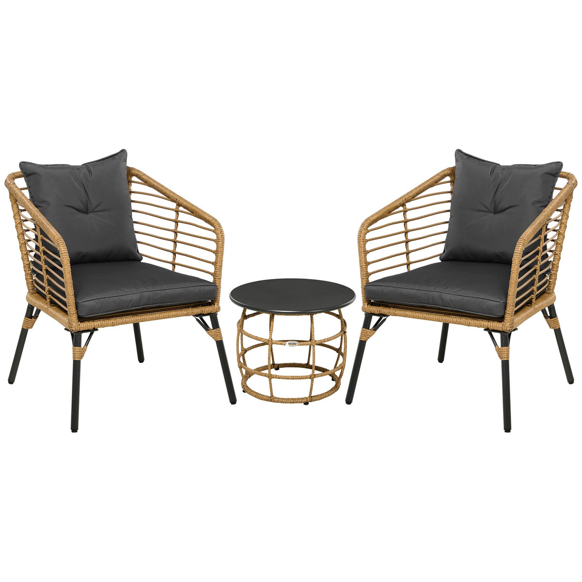 Rattan Garden Furniture Set, 3 Pieces. Seating Group, Including Coffee Table And 2 Chairs, Bistro Set With Cushions, Balcony Furniture, Sand + Dark Gray