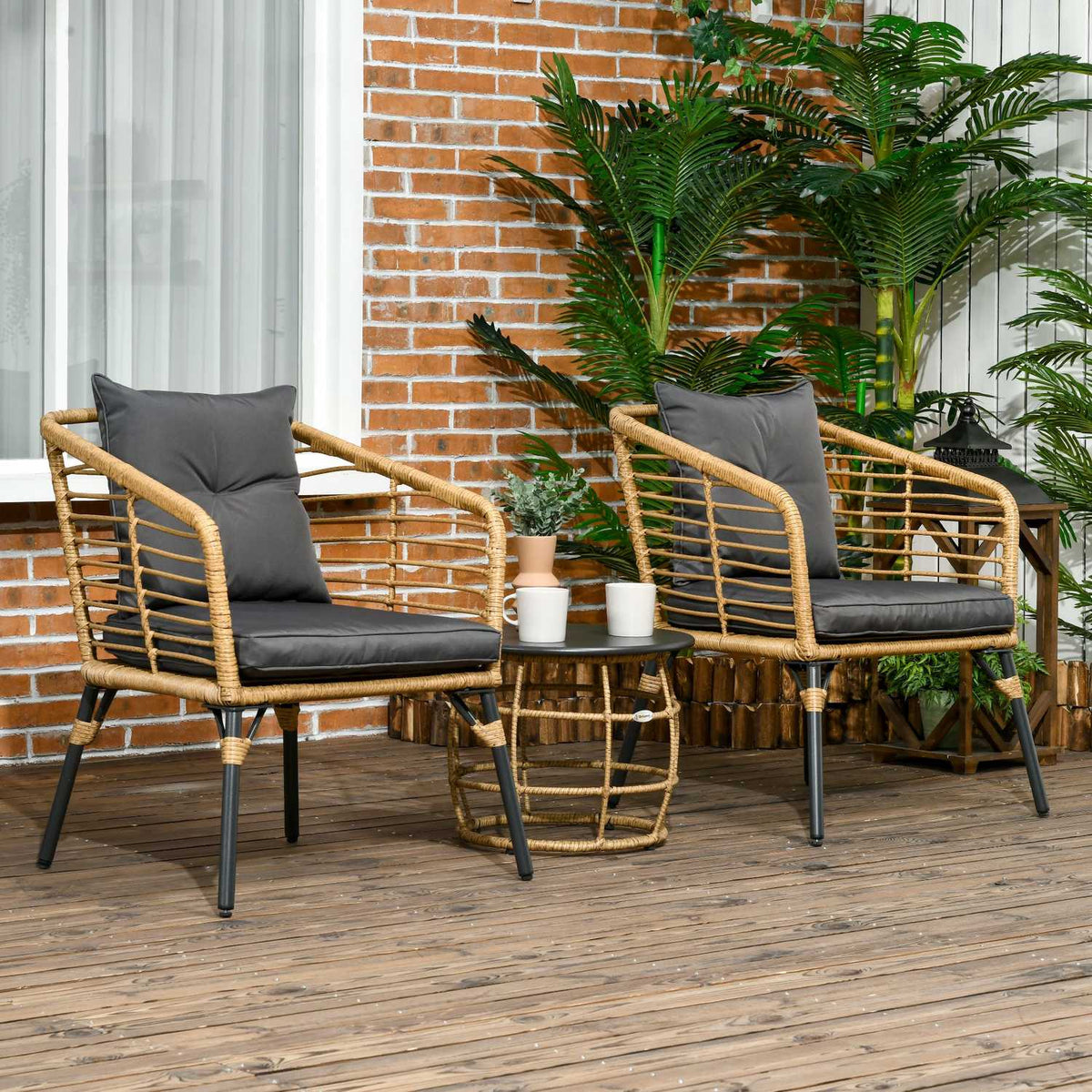 Rattan Garden Furniture Set, 3 Pieces. Seating Group, Including Coffee Table And 2 Chairs, Bistro Set With Cushions, Balcony Furniture, Sand + Dark Gray