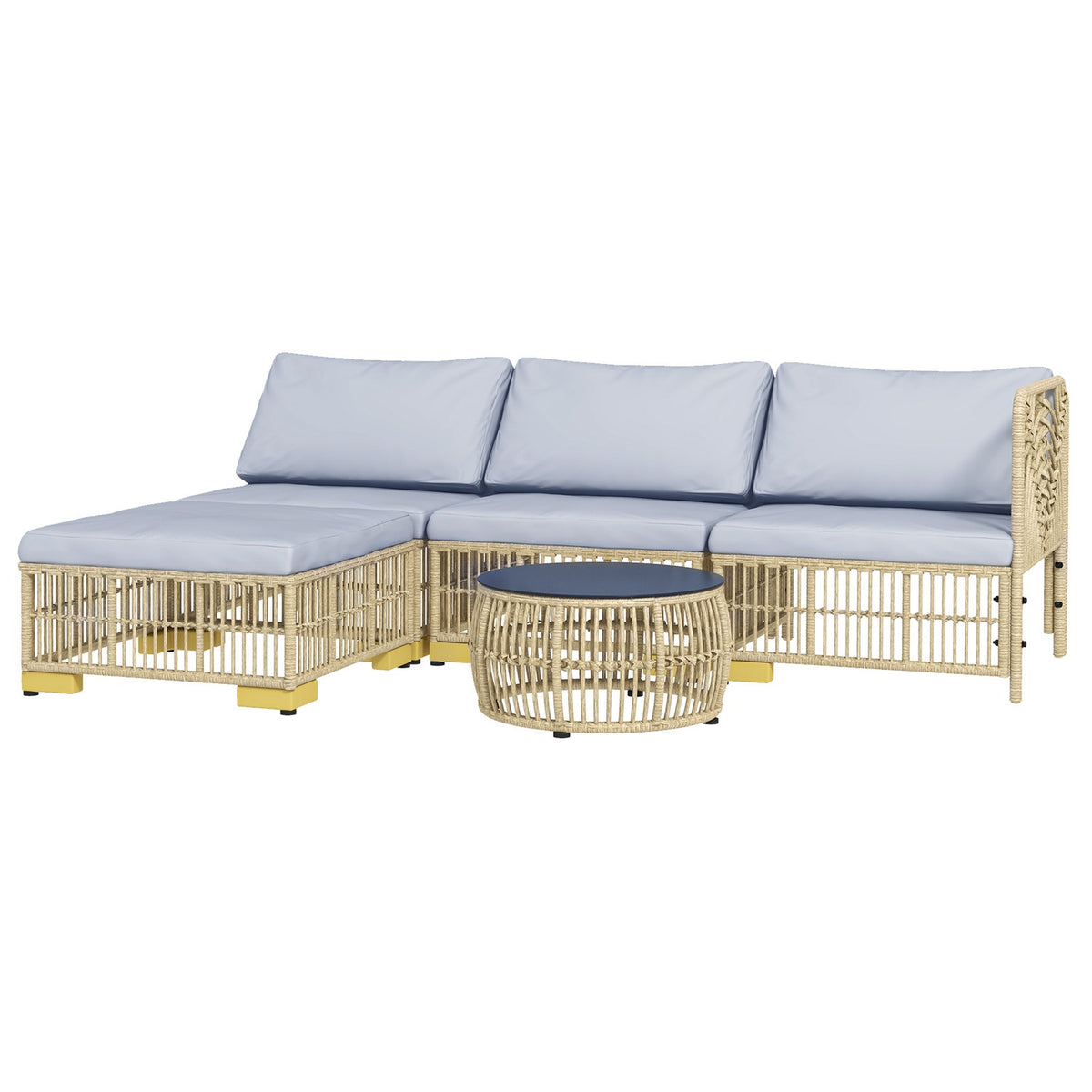 Rattan Garden Furniture Set, 5 Pieces. Balcony Furniture Set With Cushions, Corner Sofa, Stool, Patio Furniture Set, Steel, Light Grey