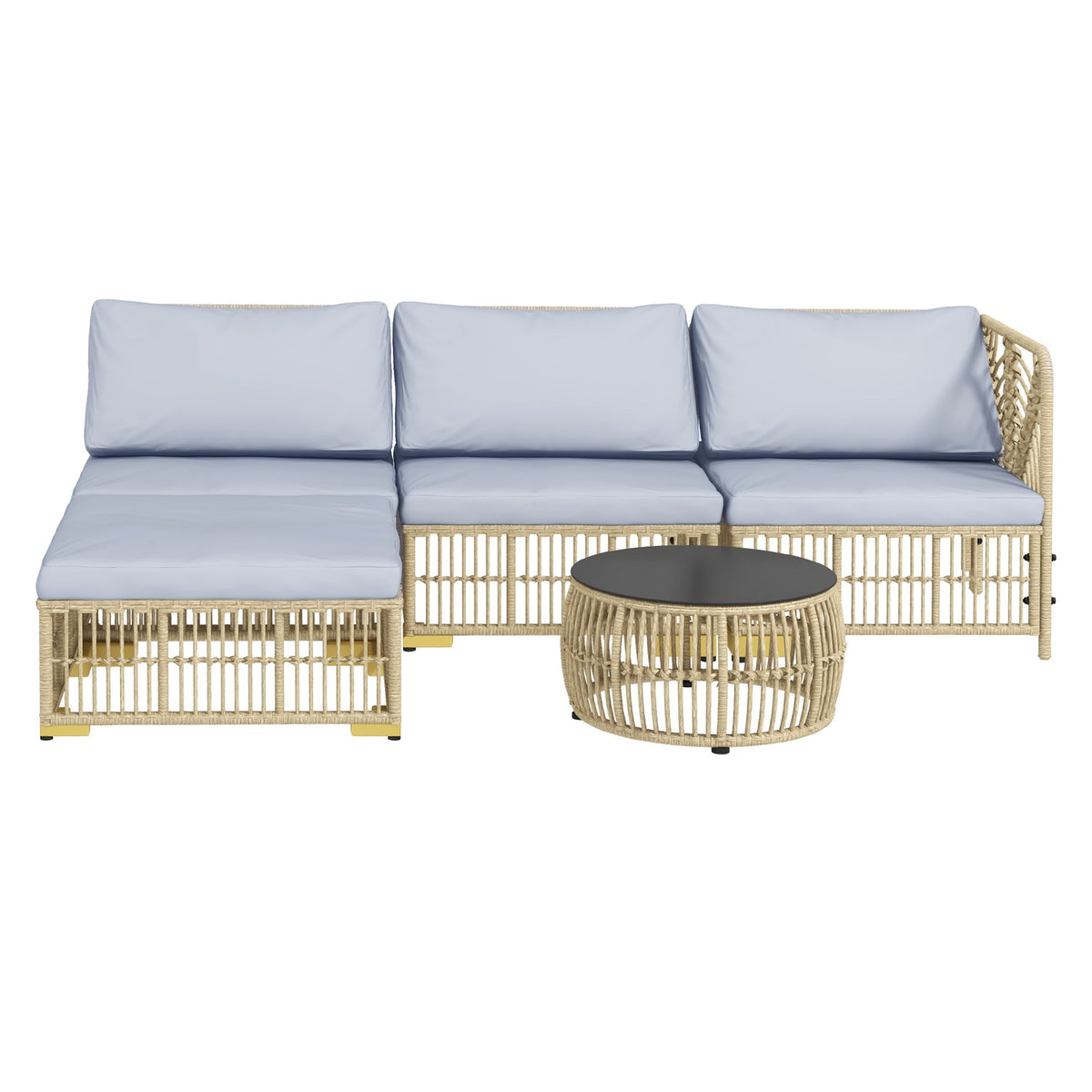 Rattan Garden Furniture Set, 5 Pieces. Balcony Furniture Set With Cushions, Corner Sofa, Stool, Patio Furniture Set, Steel, Light Grey