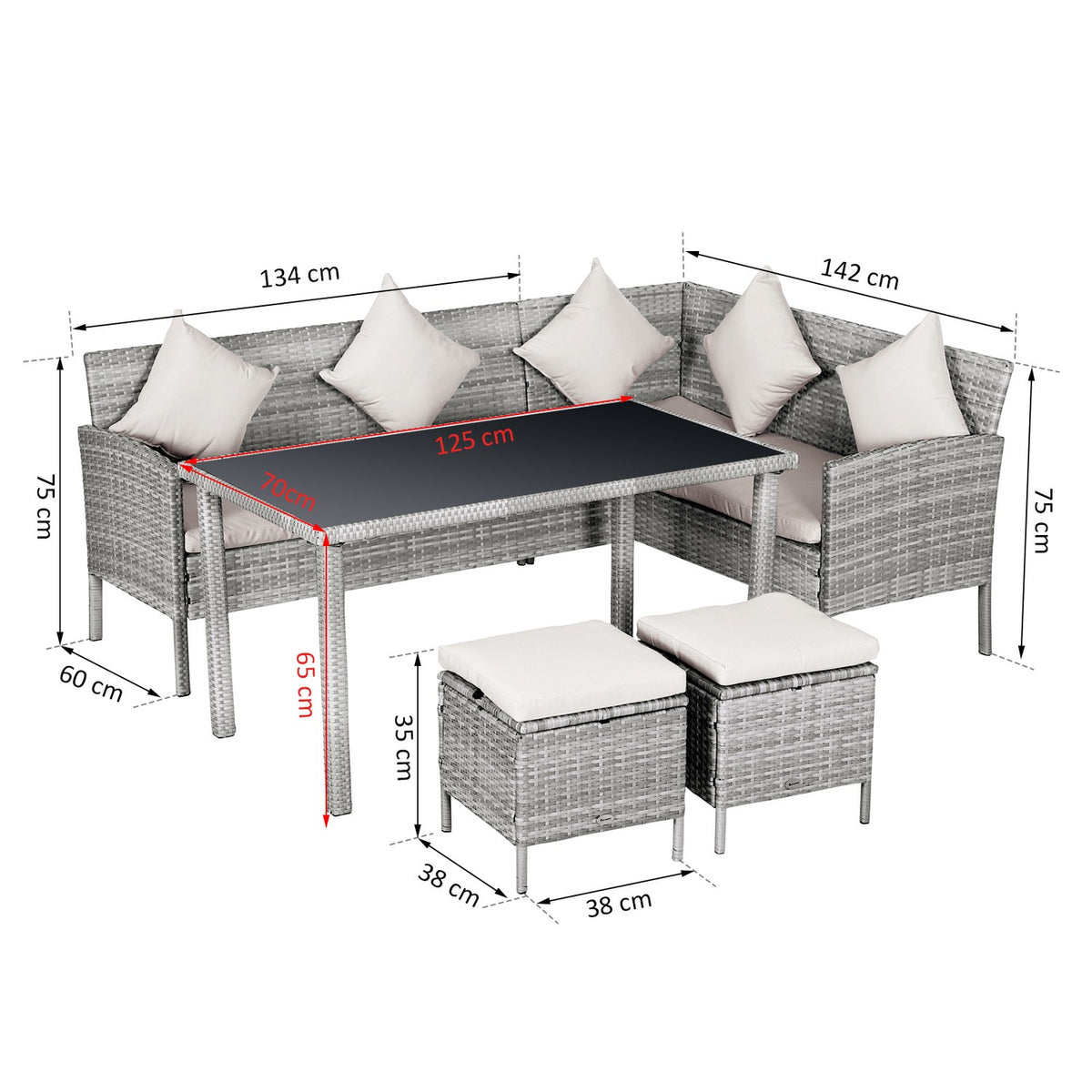 Rattan Garden Furniture Set With Footstool Metal Gray 134 X 60 X 75 Cm