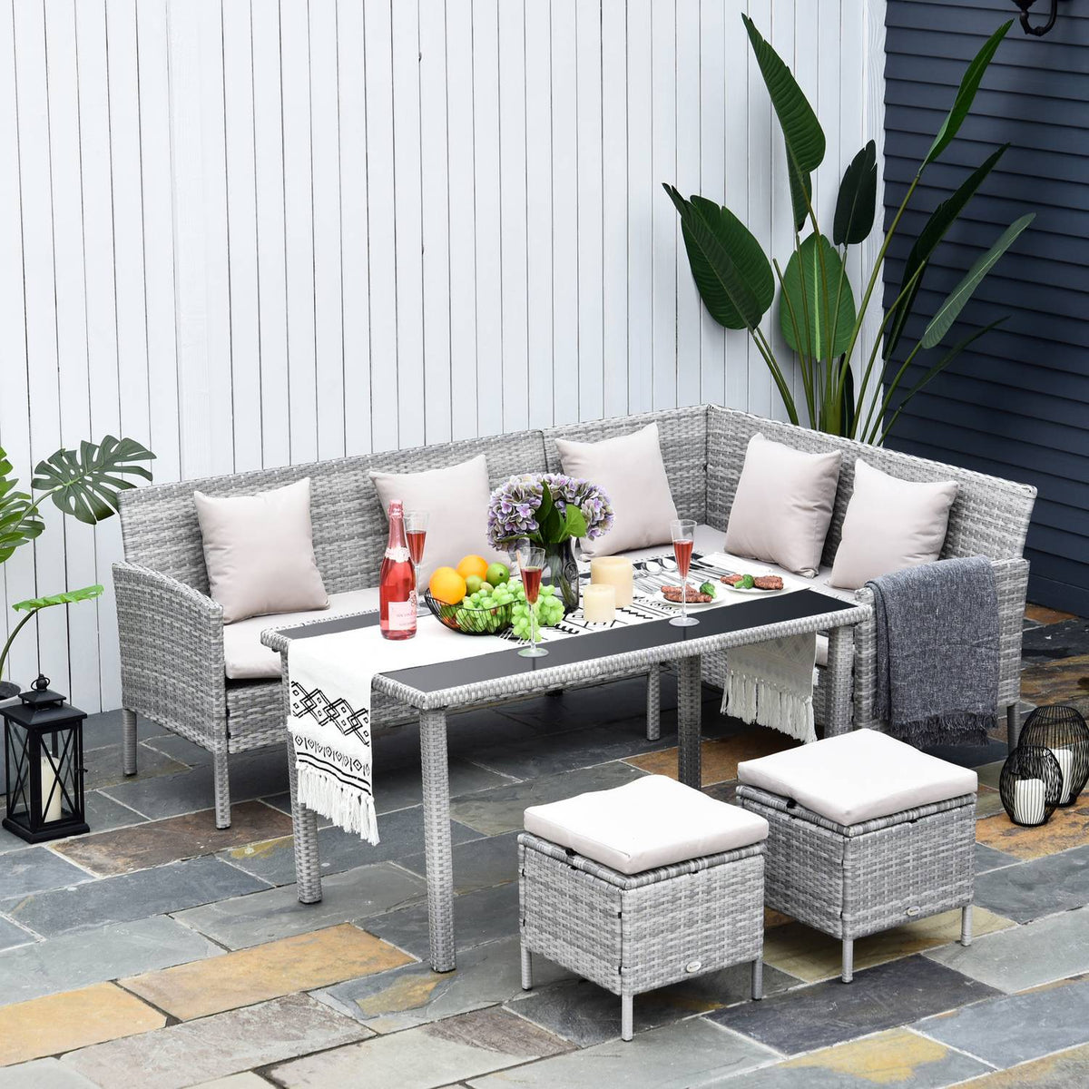 Rattan Garden Furniture Set With Footstool Metal Gray 134 X 60 X 75 Cm
