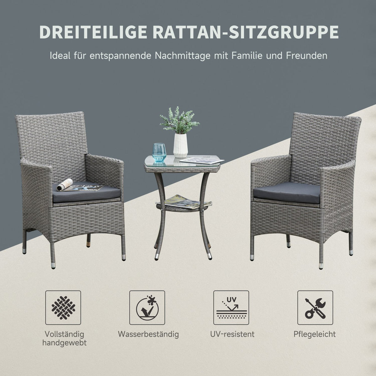 Rattan Garden Furniture Set With Side Table Bistro Set 3-Piece. Balcony Furniture Set Rattan Garden Set Seating Polyrattan + Steel 60X58.5X89.5 Cm