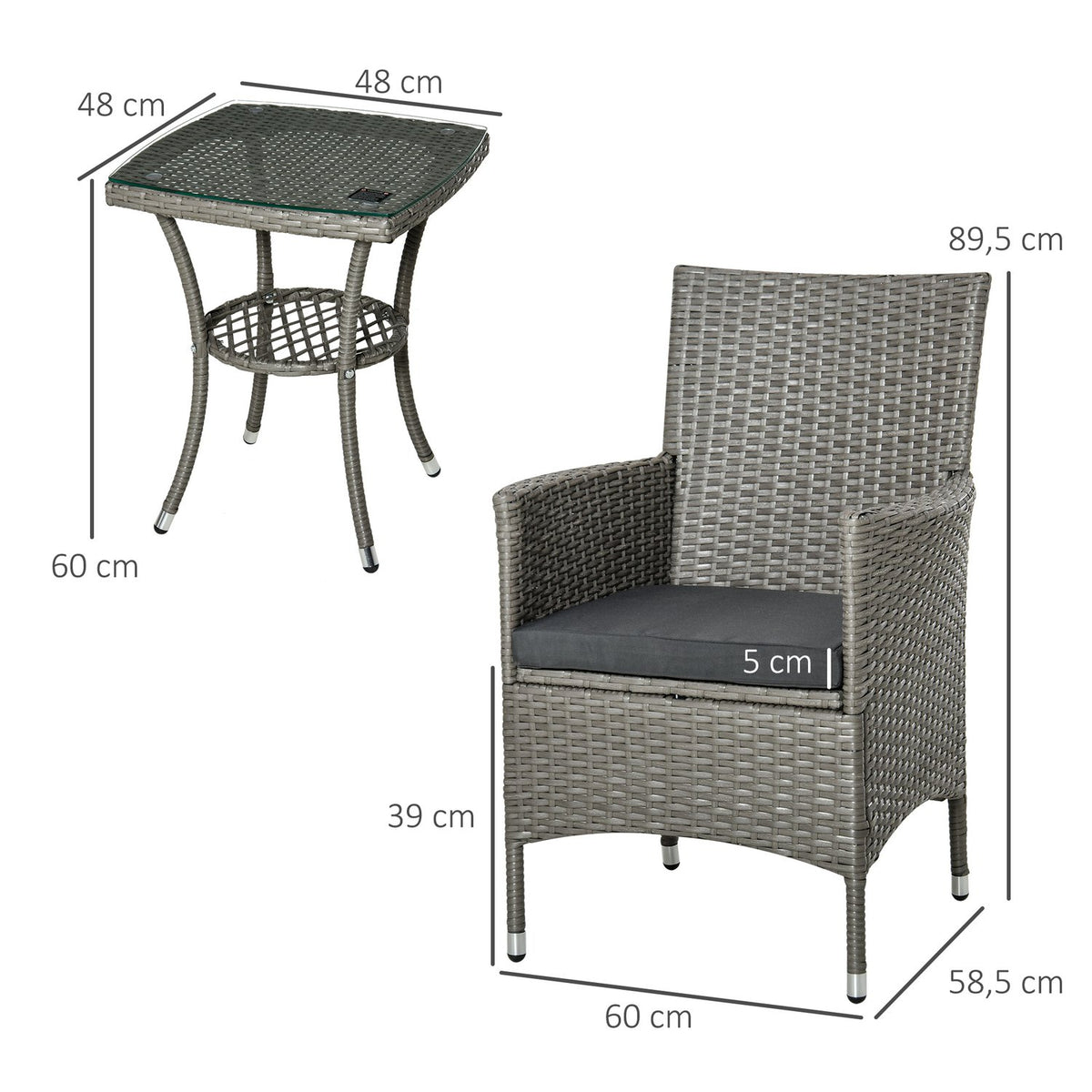 Rattan Garden Furniture Set With Side Table Bistro Set 3-Piece. Balcony Furniture Set Rattan Garden Set Seating Polyrattan + Steel 60X58.5X89.5 Cm
