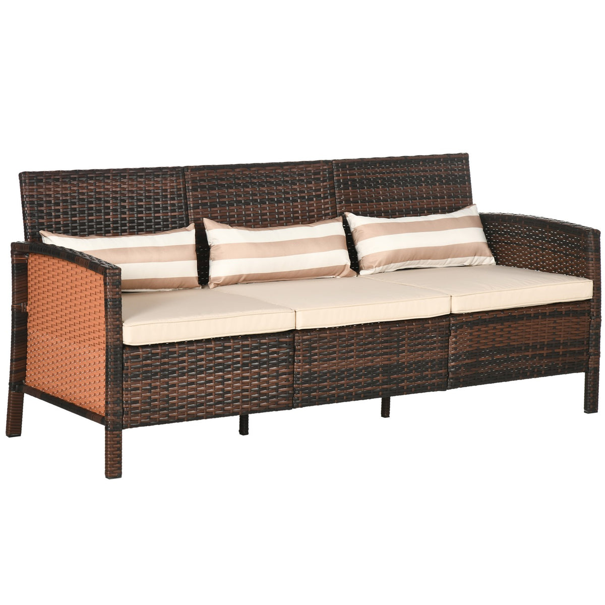 Rattan Garden Lounge Sofa Three Seater With Cushions, Steel, Brown, 173 X 68 X 78 Cm