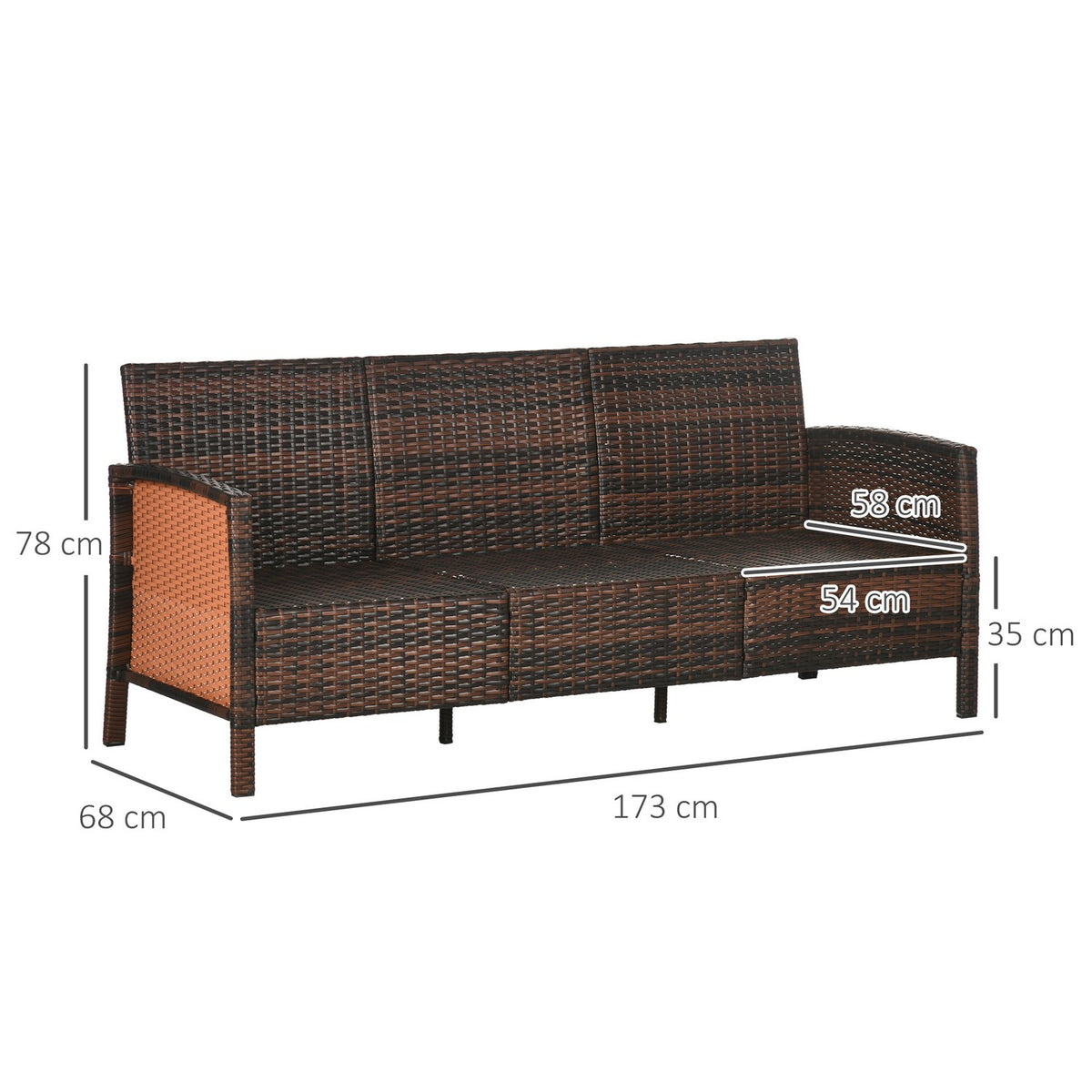 Rattan Garden Lounge Sofa Three Seater With Cushions, Steel, Brown, 173 X 68 X 78 Cm