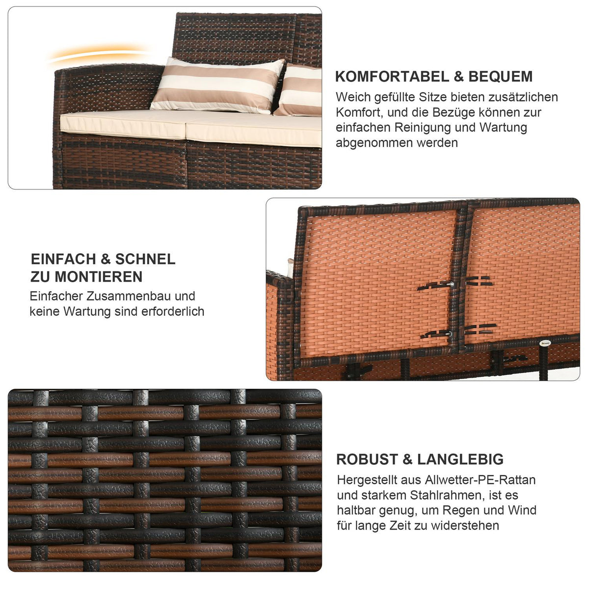 Rattan Garden Lounge Sofa Three Seater With Cushions, Steel, Brown, 173 X 68 X 78 Cm