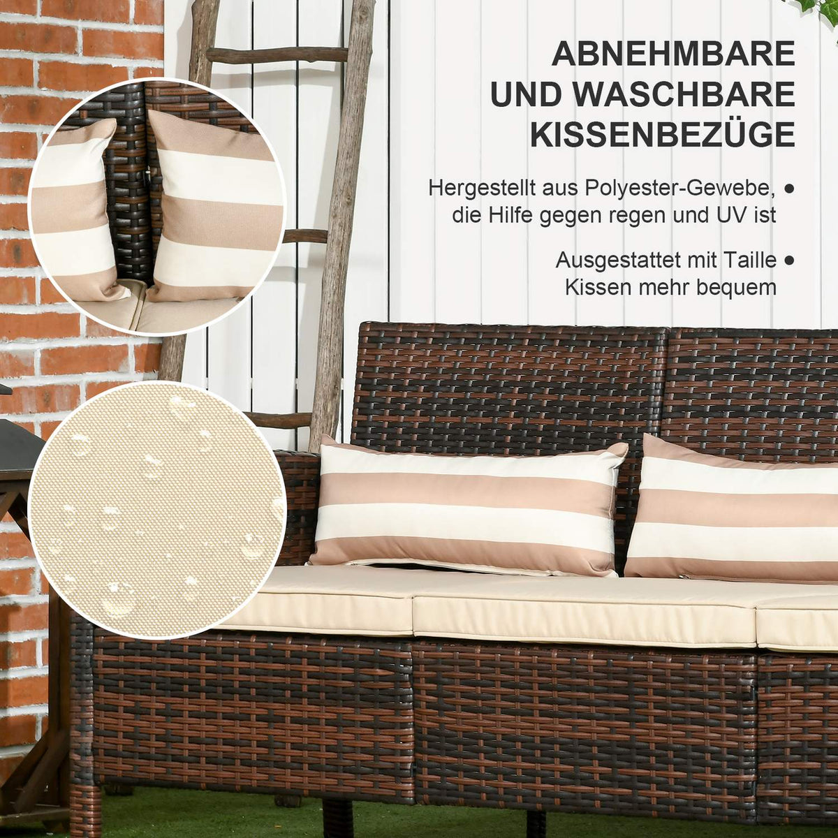 Rattan Garden Lounge Sofa Three Seater With Cushions, Steel, Brown, 173 X 68 X 78 Cm