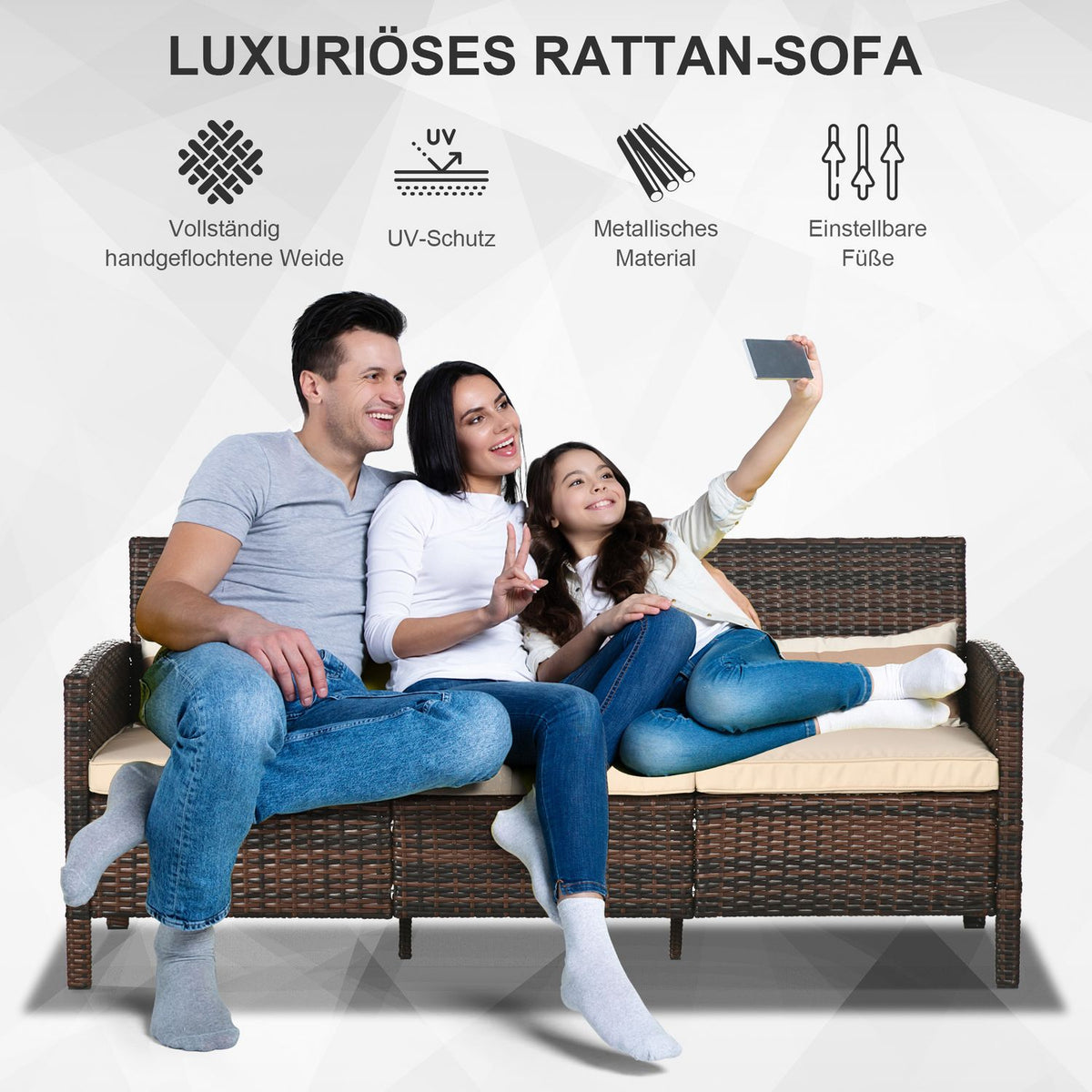 Rattan Garden Lounge Sofa Three Seater With Cushions, Steel, Brown, 173 X 68 X 78 Cm