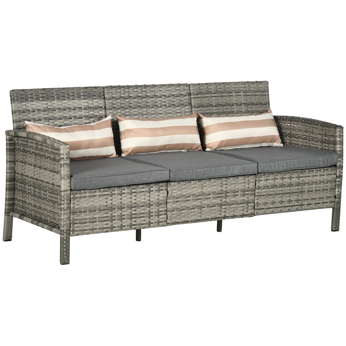 Rattan Garden Lounge Sofa Three Seater With Cushions, Steel, Grey, 173 X 68 X 78 Cm