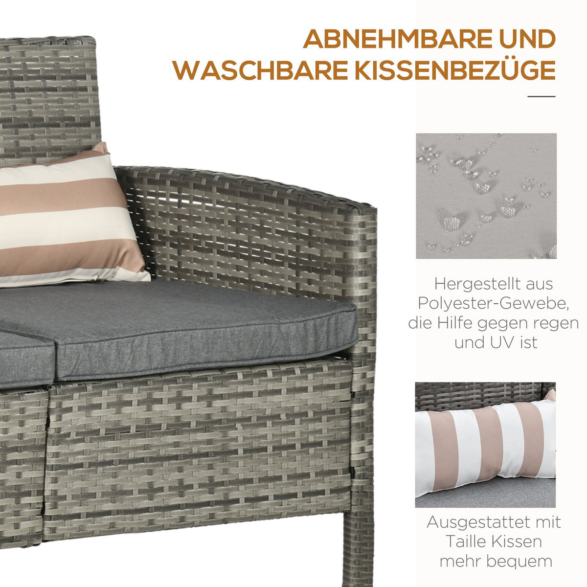 Rattan Garden Lounge Sofa Three Seater With Cushions, Steel, Grey, 173 X 68 X 78 Cm
