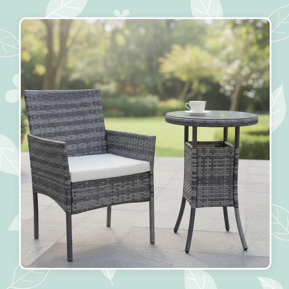 Rattan Garden Set, 3-Piece, Glass Table, Cushions Included
