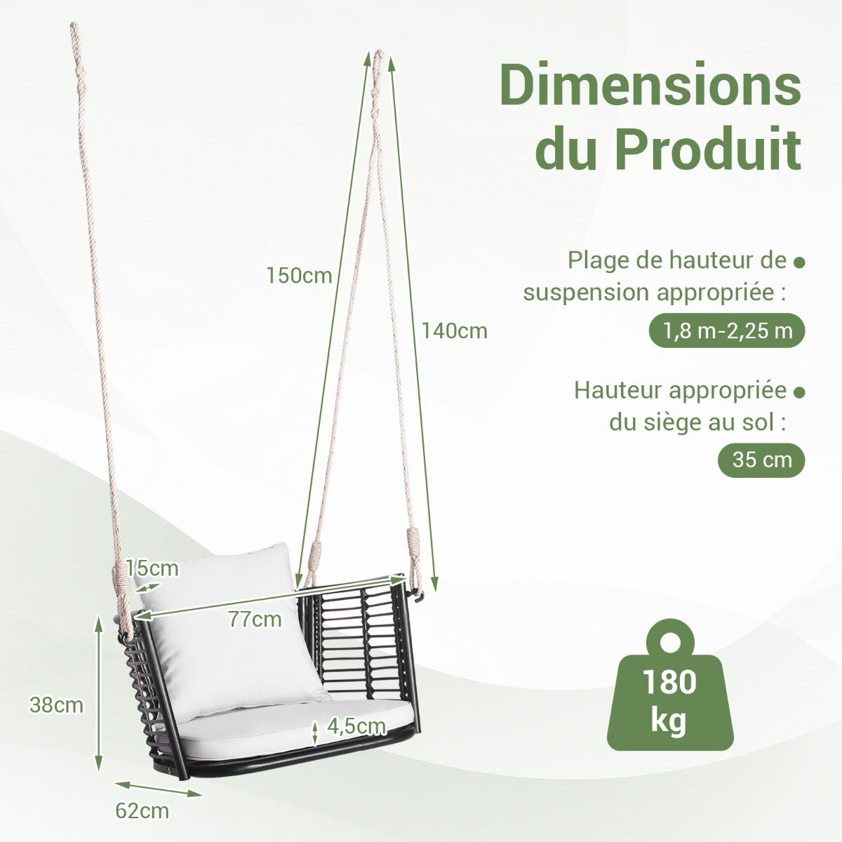 Rattan Hanging Chair, 180 kg, Cushion, Metal Frame