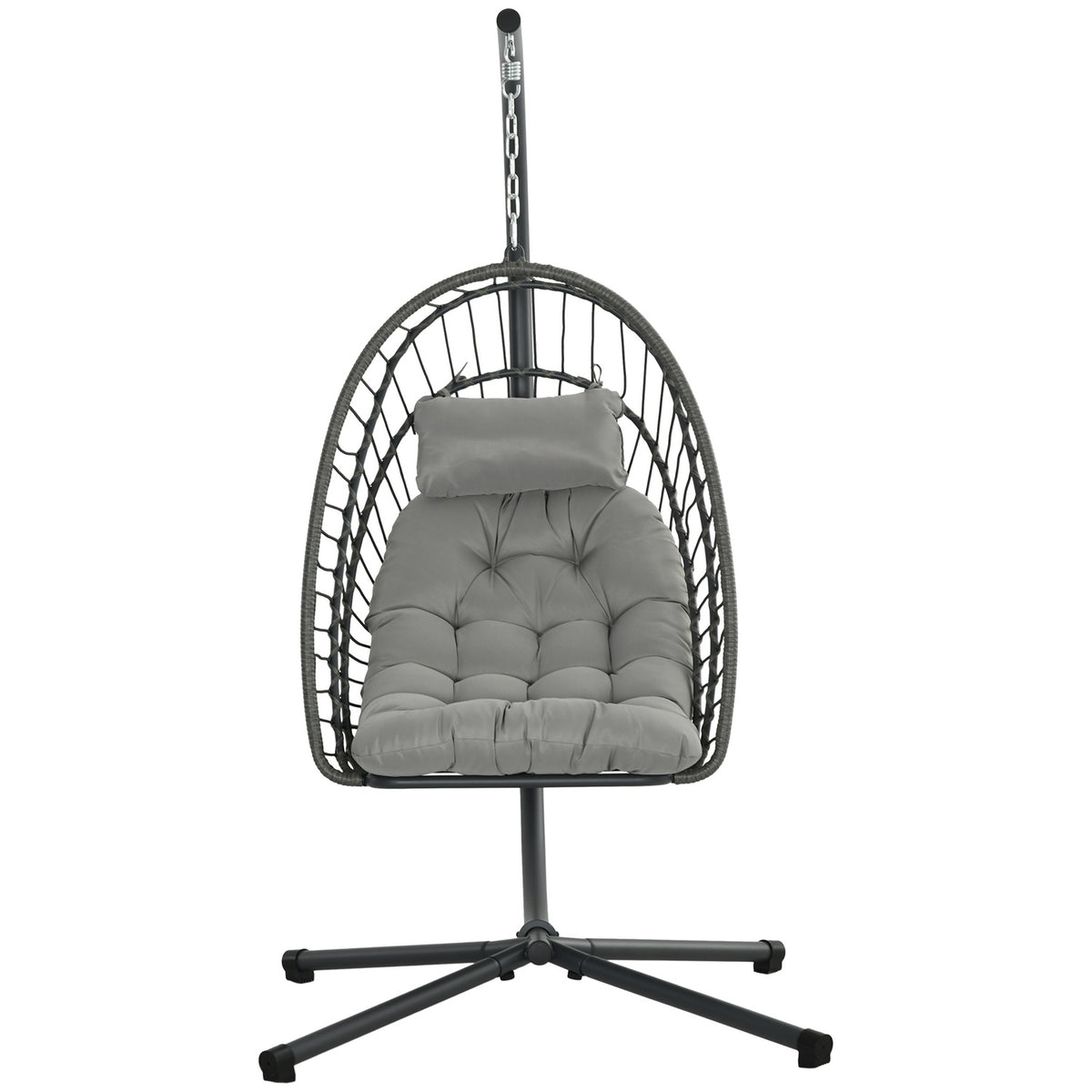 Rattan Hanging Chair Height 194 Cm Swing Basket Indoor Outdoor Including Frame, Folding Hanging Basket, Cushion, For Patio, Garden Up To 100 Kg, Light Gray