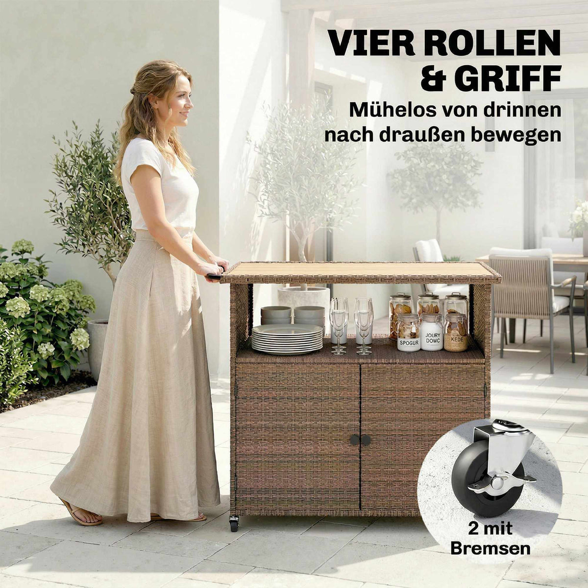Rattan Kitchen Cart with Eucalyptus Top and Wheels